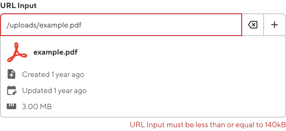 URL Input with max file size A screenshot of the URL input in the Data Editor shows that the uploaded file does not meet file size requirements.