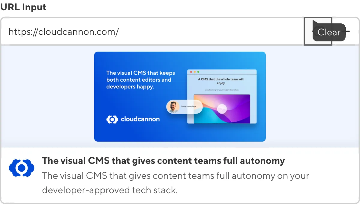 The URL Input A screenshot of the URL Input in the Data Editor shows an external URL value with a preview of the URL image, title, and subtitle.