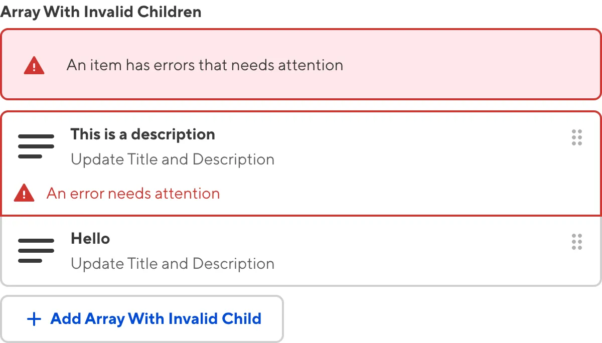 A screenshot of the Array input in the Data Editor shows that one or more nested inputs have a validation error.
