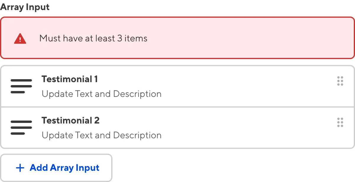 A screenshot of the Array Input in the Data Editor shows an error message as the value contains too few items.