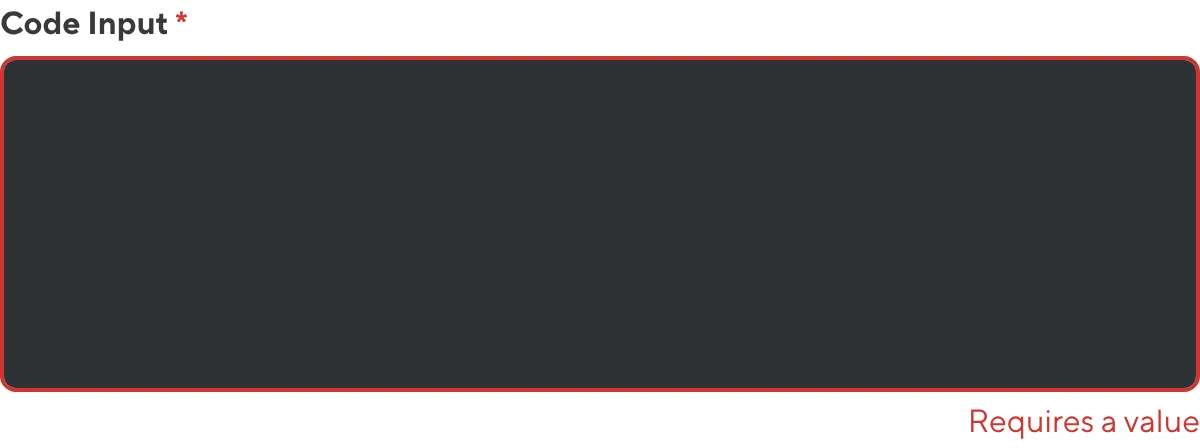 A screenshot of the Code input in the Data Editor shows that no value is causing an input validation error.