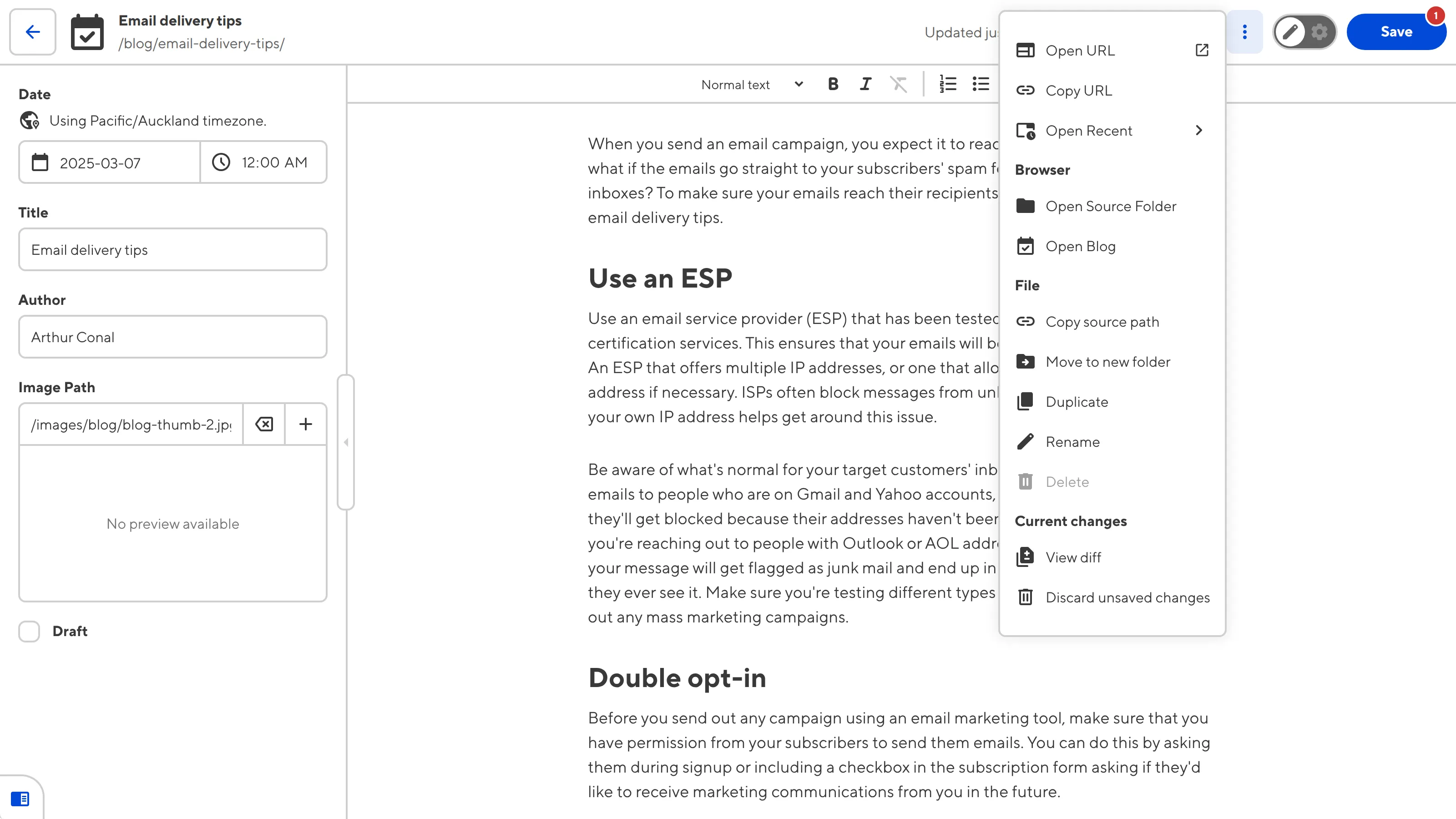 The Content Editor A screenshot of the Content Editor shows the open Context Menu with the Preview live site here option.