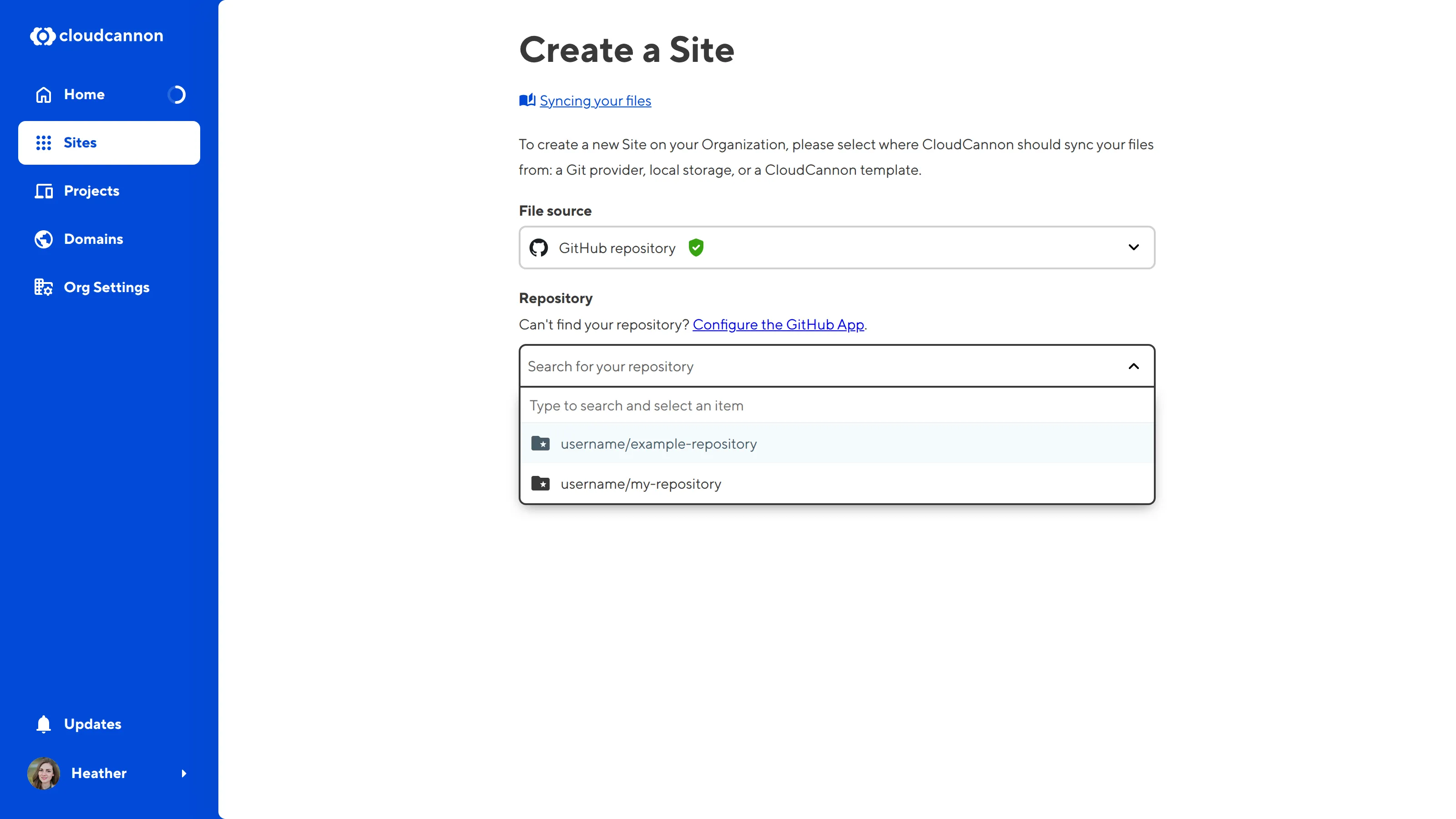 A screenshot of the Create a Site page shows the Repository dropdown with several options.