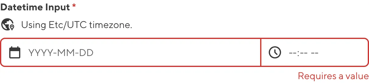 A screenshot of the Datetime input in the Data Editor shows that no value is causing an input validation error.
