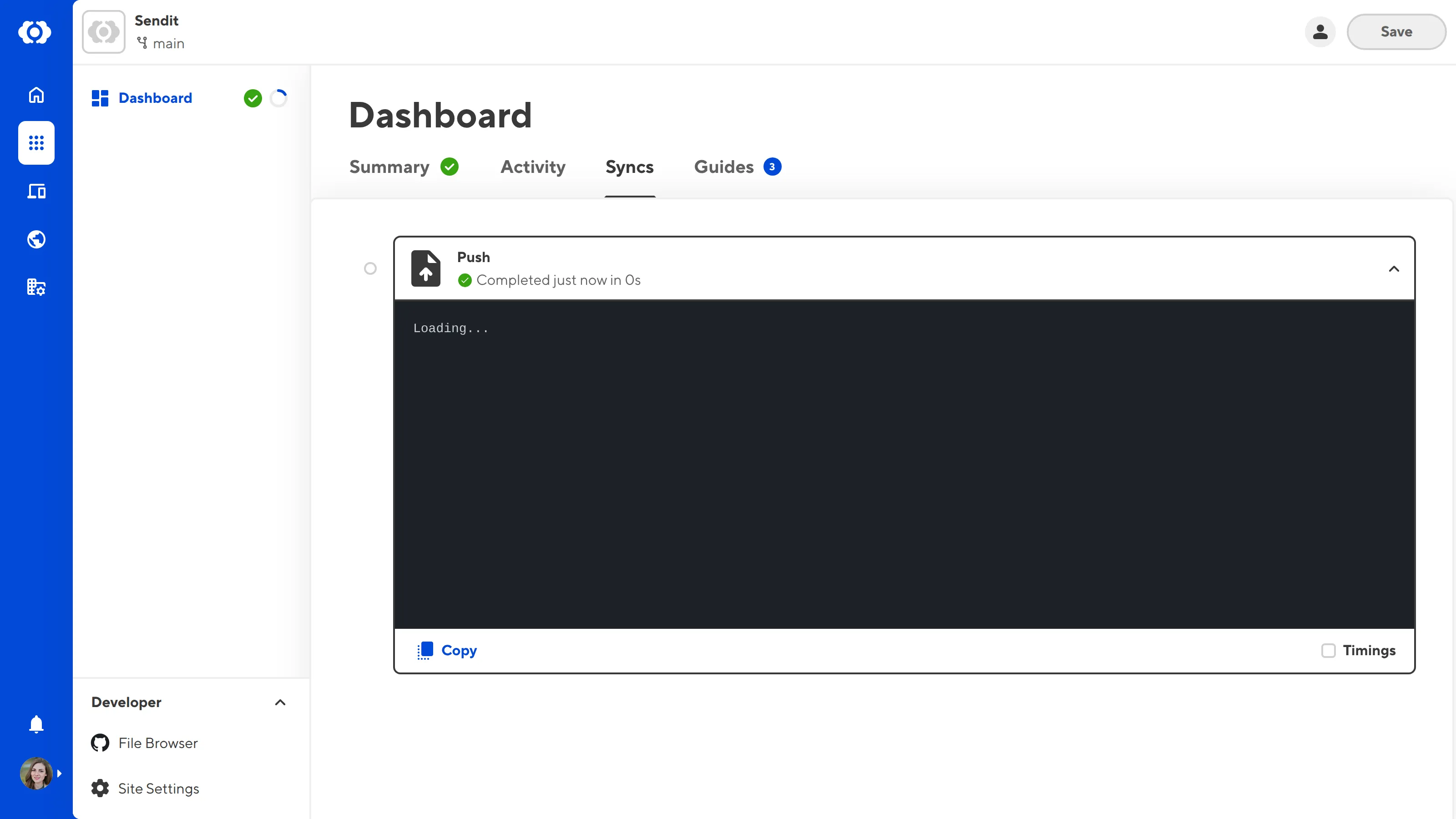 A screenshot of the Syncs tab on the Site Dashboard shows one Sync log.