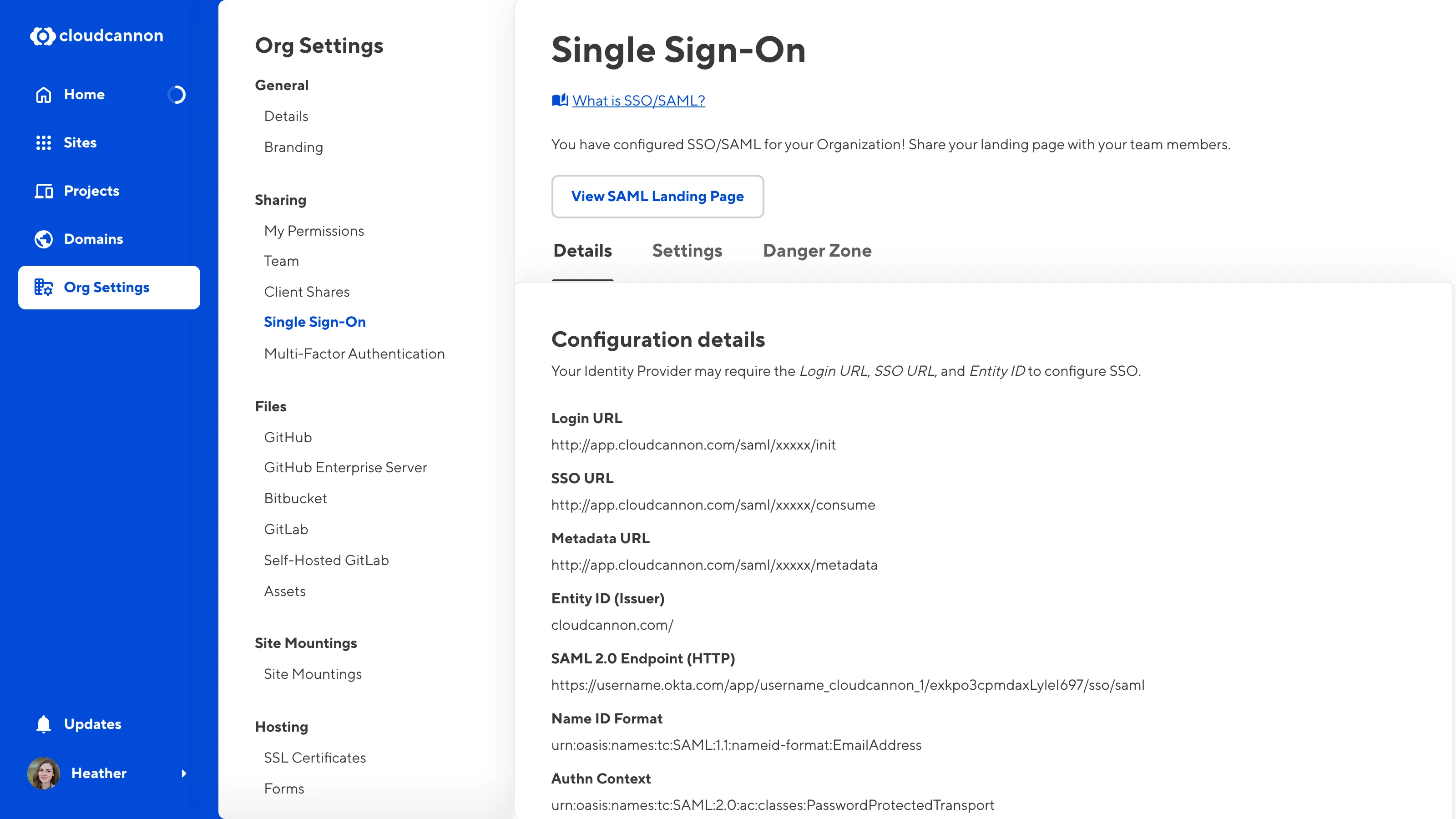 A screenshot of the Details Tab on the Single Sign-On page shows the details of your SSO configuration.