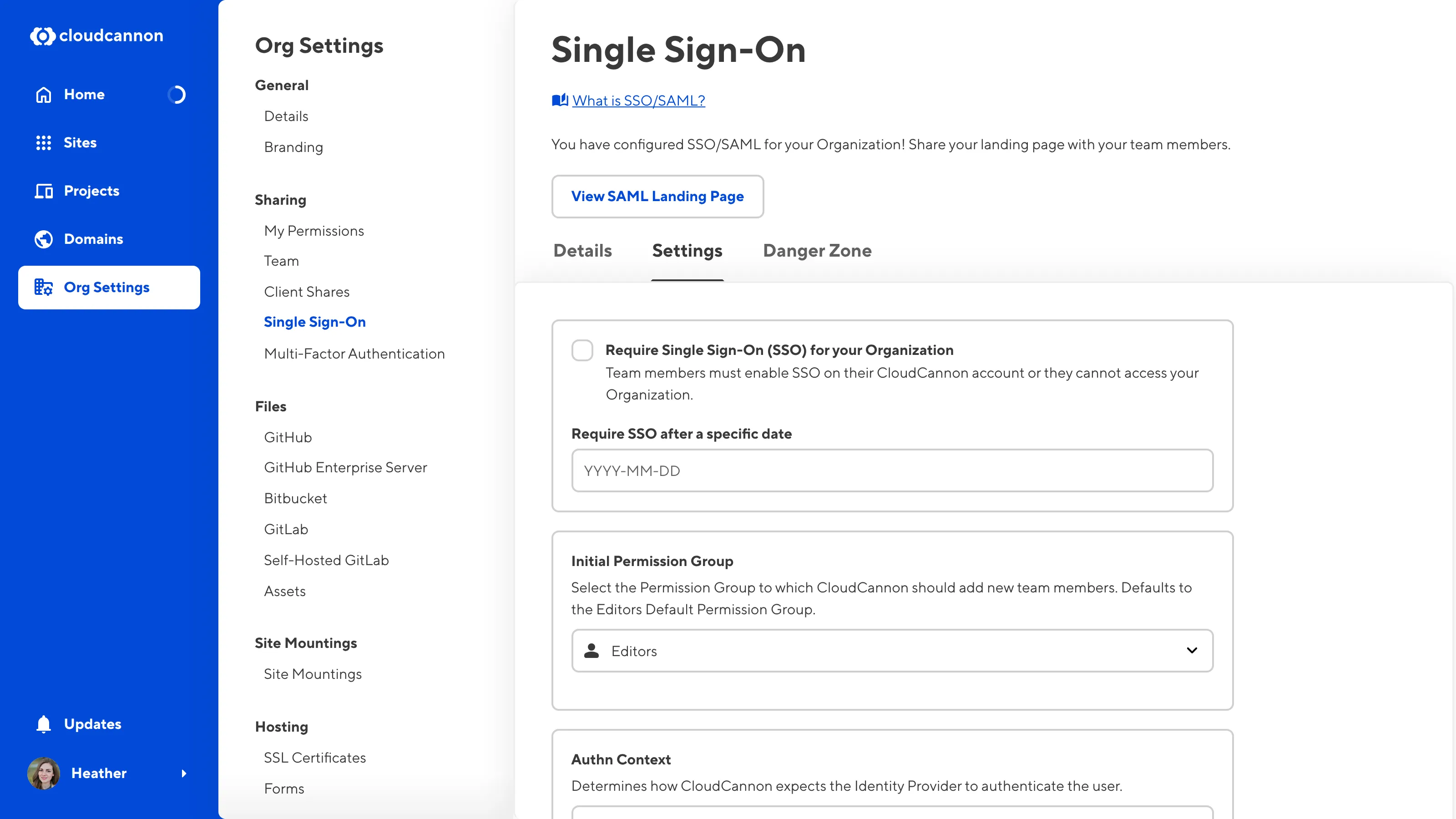 A screenshot of the Settings Tab on the Single Sign-On page shows the Require Single Sign-On (SSO) for your Organization checkbox.