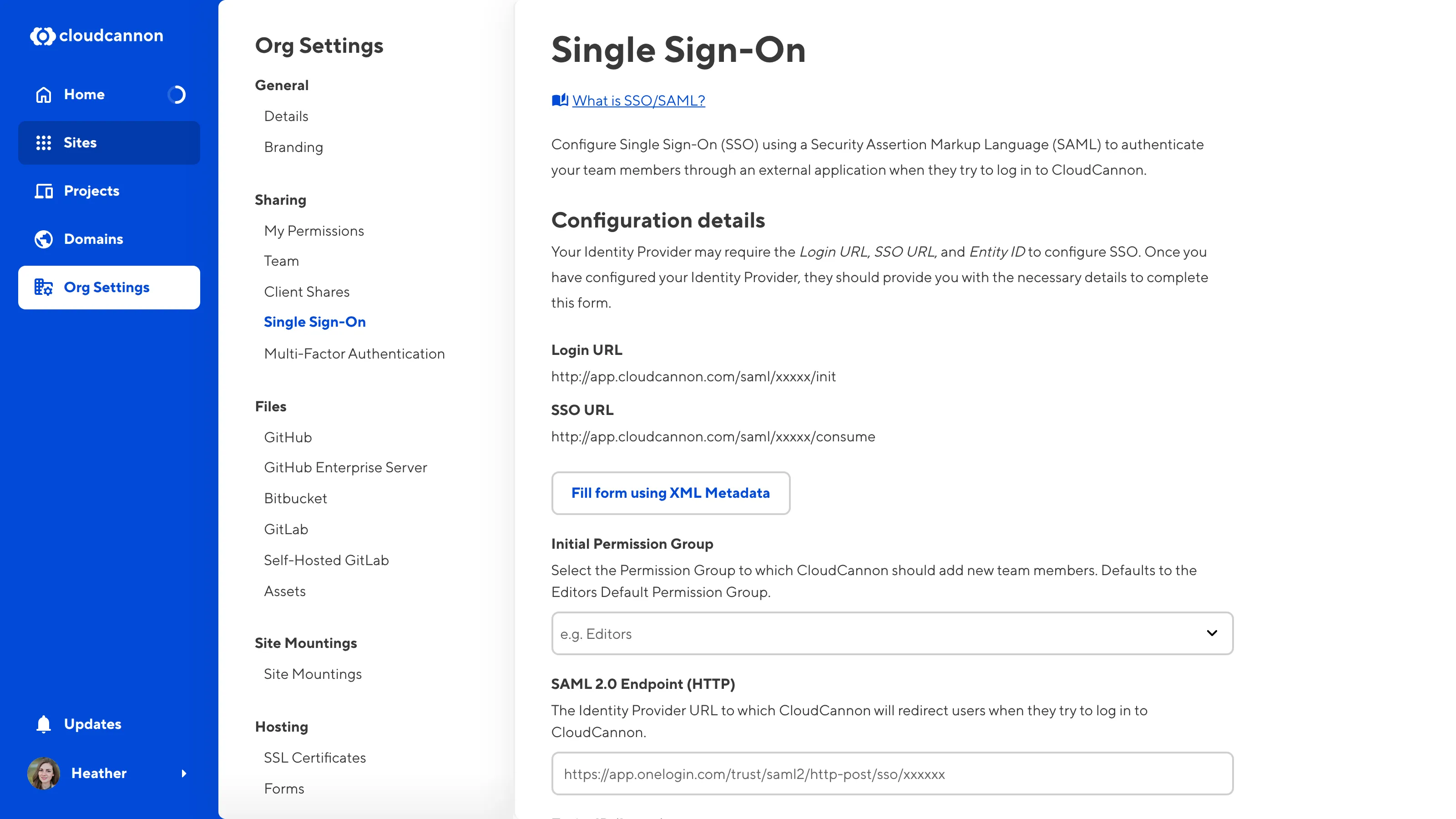 A screenshot of the CloudCannon Single Sign-On page under Org Settings.