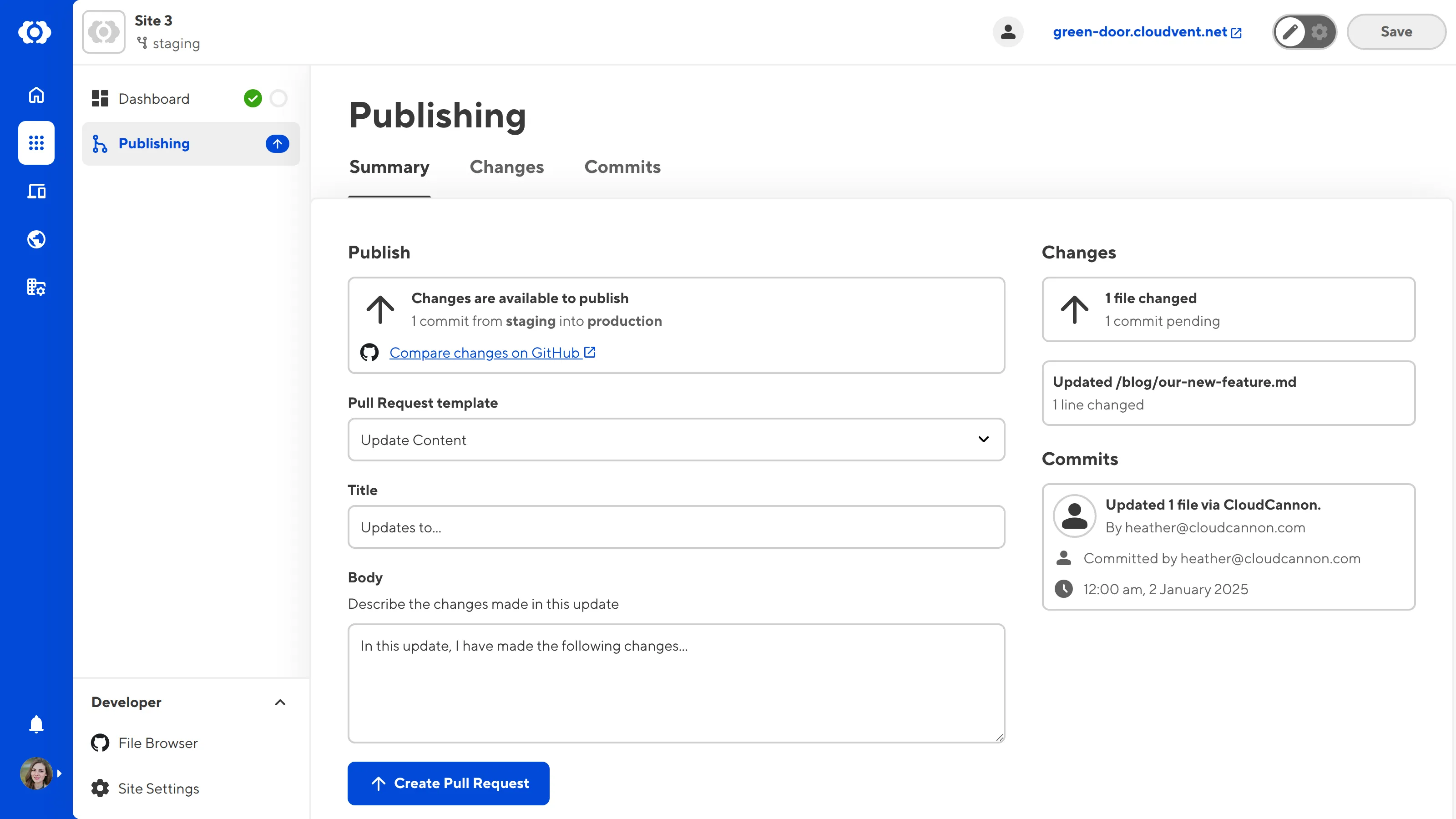 A screenshot of the Publishing page shows the Pull Request template dropdown for selecting a template.
