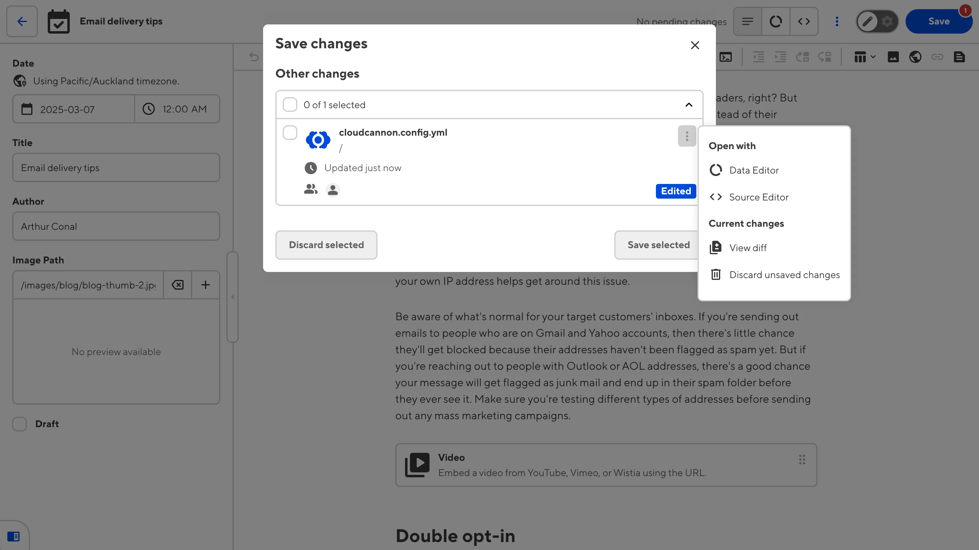 The Save Changes modal A screenshot of the Save Changes modal shows unsaved changes from multiple people and an open Context Menu with file actions.