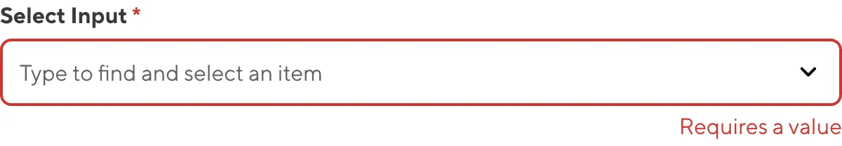 A screenshot of the Select input in the Data Editor shows that no value is causing an input validation error.