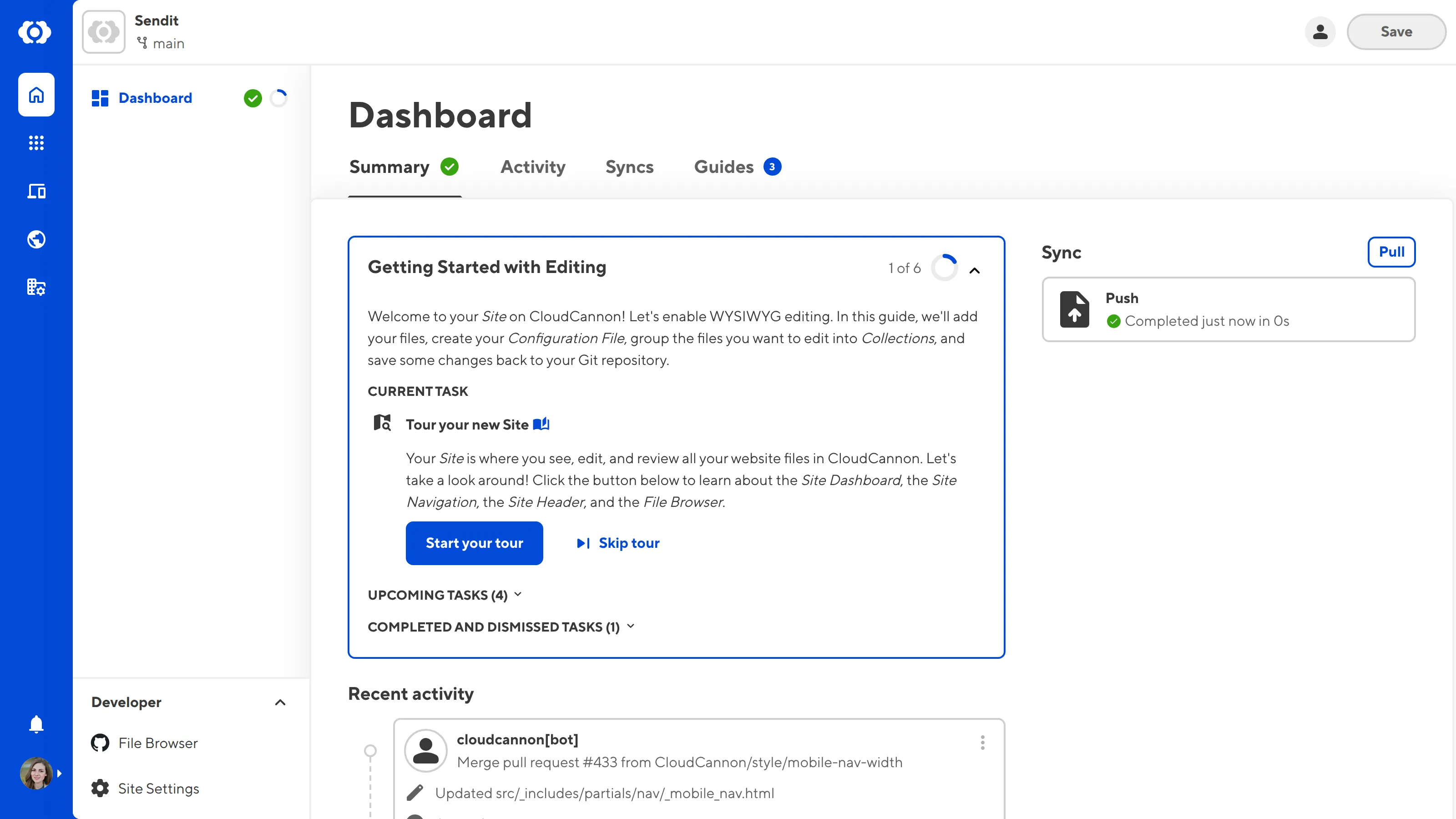 A screenshot of the Tour your new Site task from the Getting Started in-app guide.