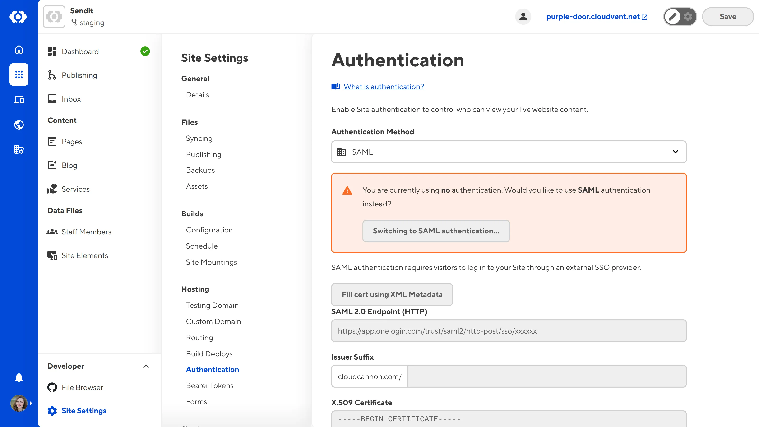 A screenshot of the Authentication page shows fields for SAML 2.0 Endpoint (HTTP), Issuer Suffix , and X.509 Certificate.