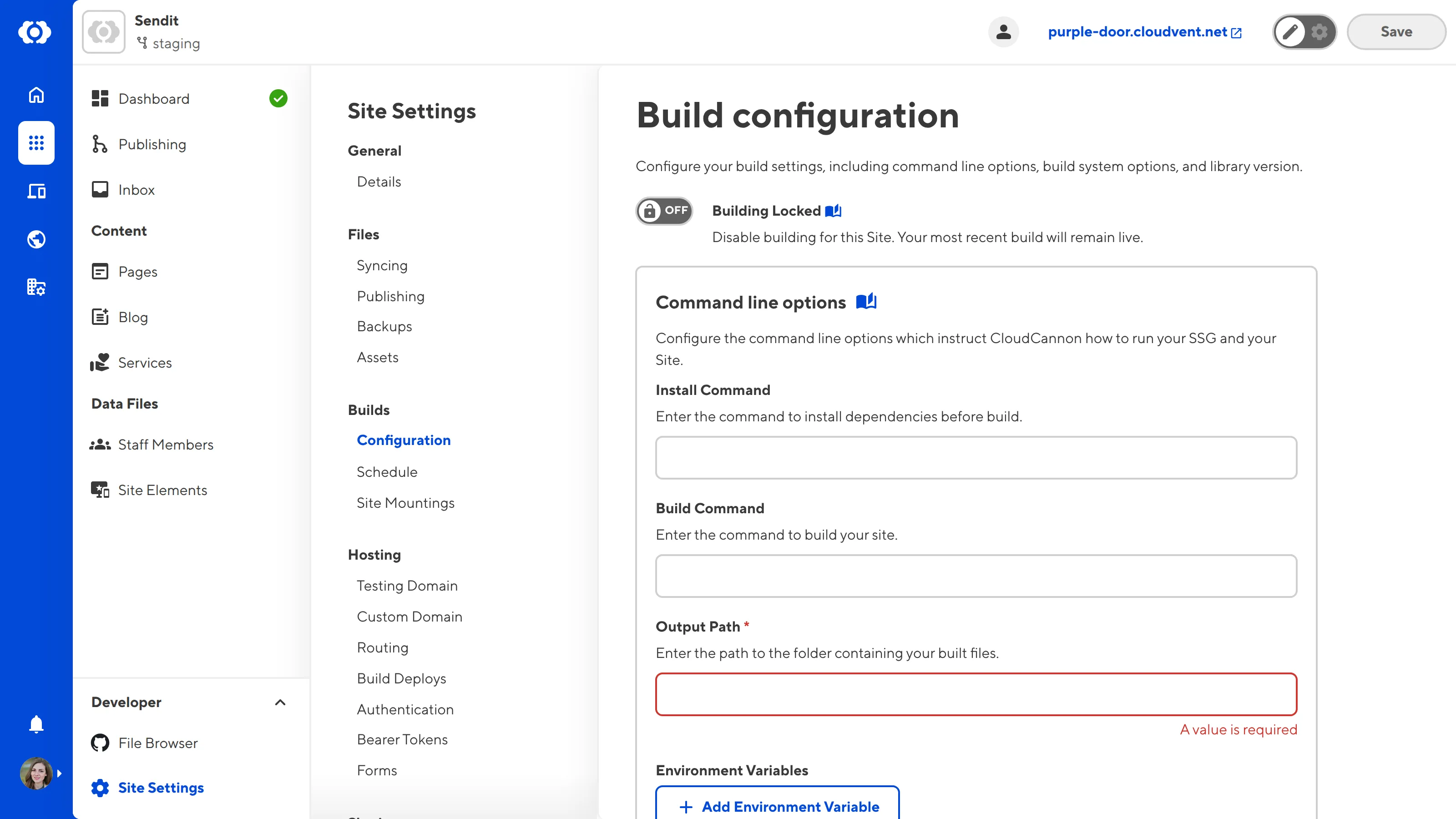 The Build Configuration page A screenshot of the Build Configuration page shows blue boxes containing CloudCannon's suggestions for your command line options.