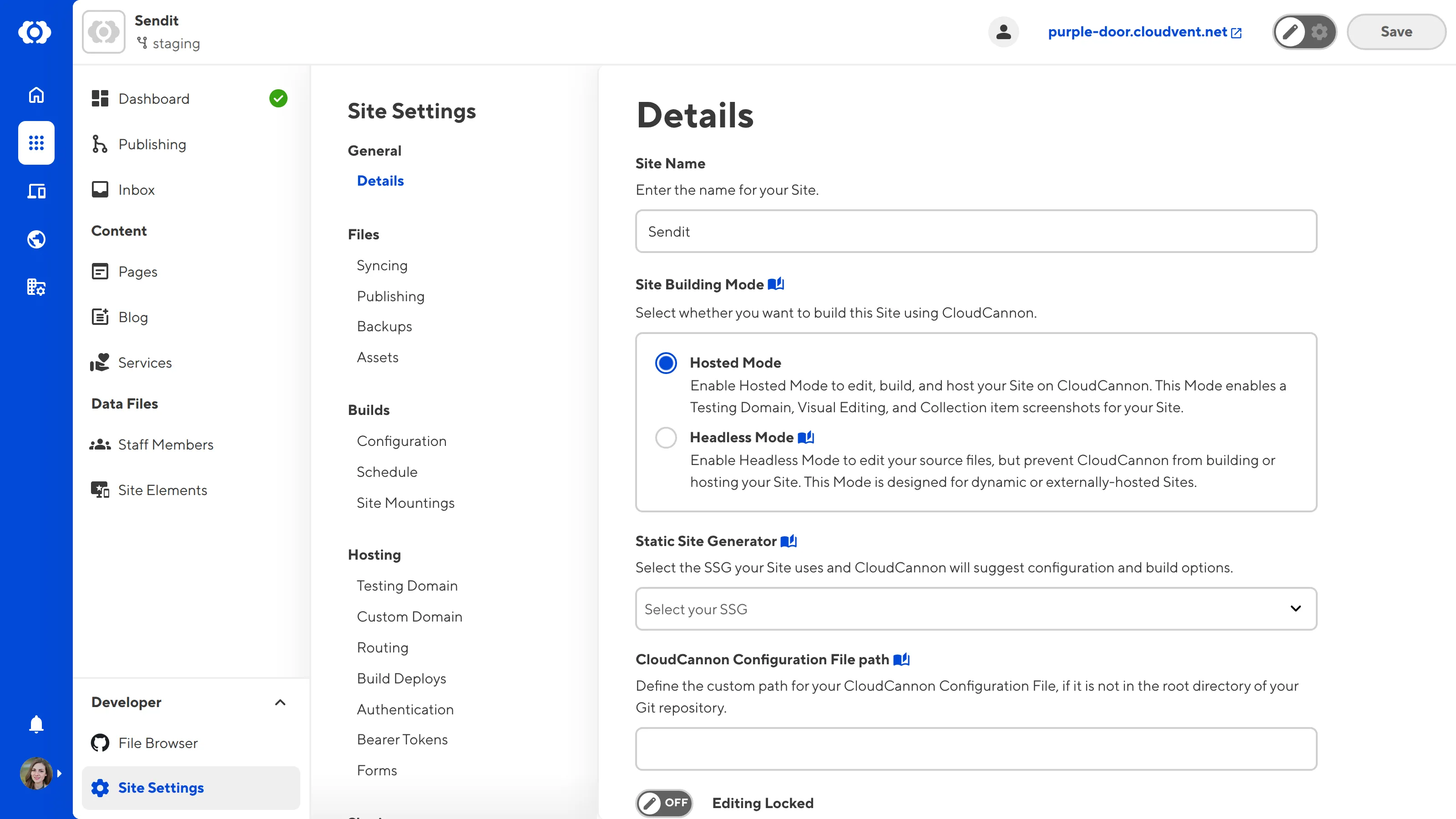 A screenshot of the Details page under Site Settings shows the CloudCannon Configuration File path text field.