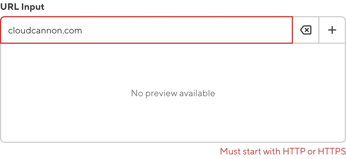 A screenshot of the URL Input in the Data Editor shows an error message as the value does not match the configured pattern.