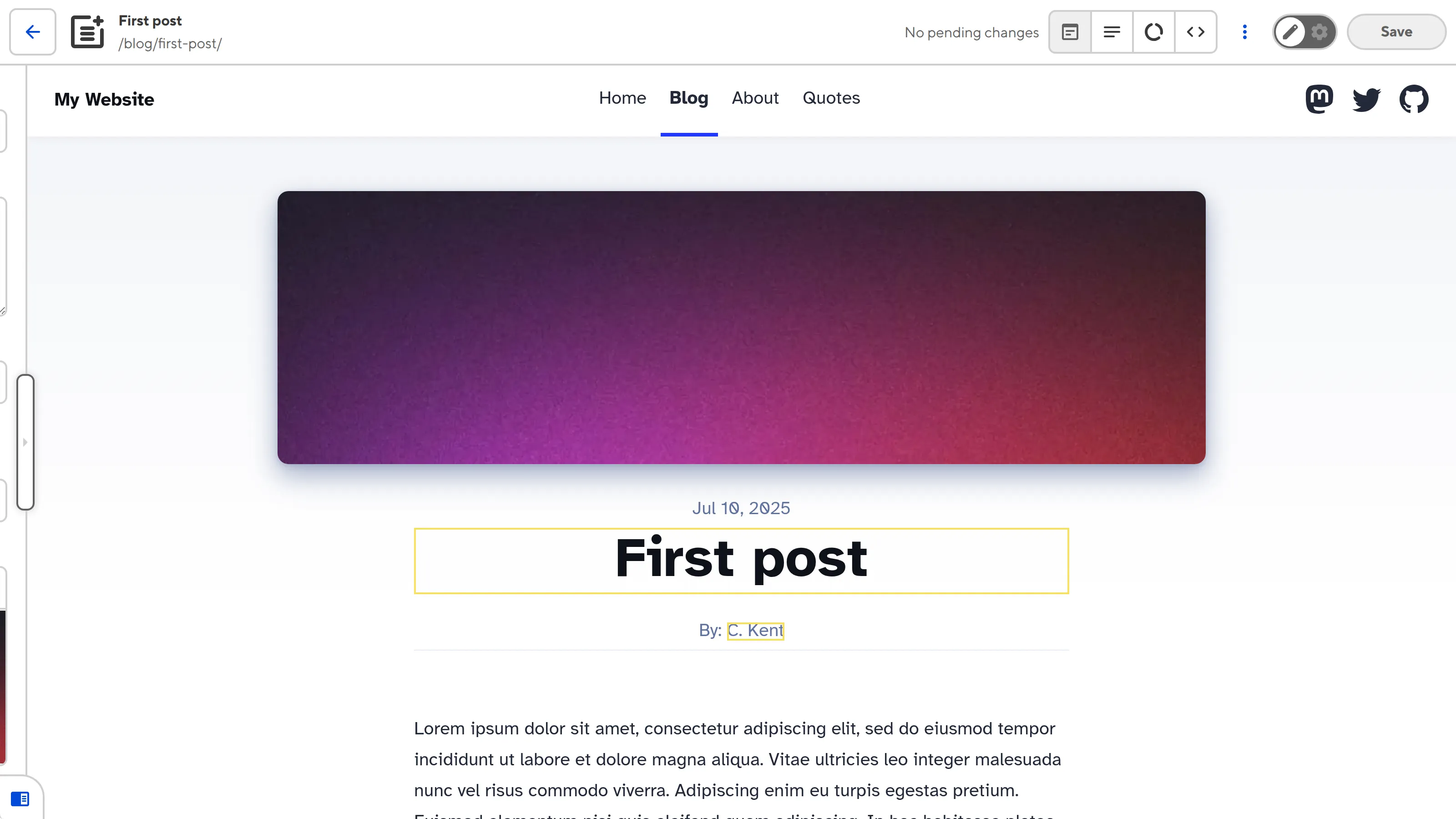 Text Editable Regions in the Visual Editor A screenshot of the Visual Editor shows yellow Editable Regions boxes around the title and author fields on the webpage.