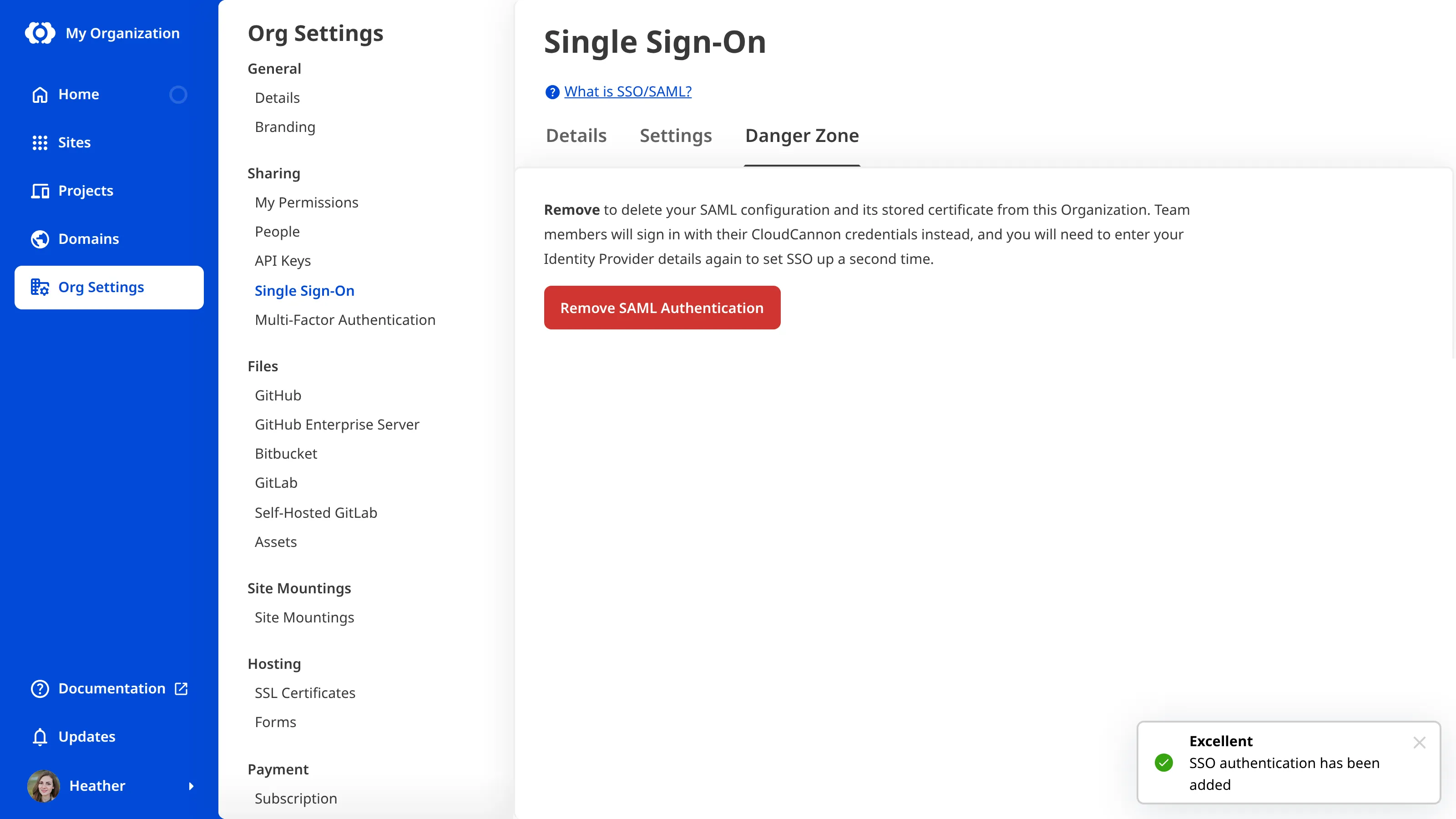 The Single Sign-On page A screenshot of the Danger Zone Tab on the Single Sign-On page shows the Remove SAML Authentication button.