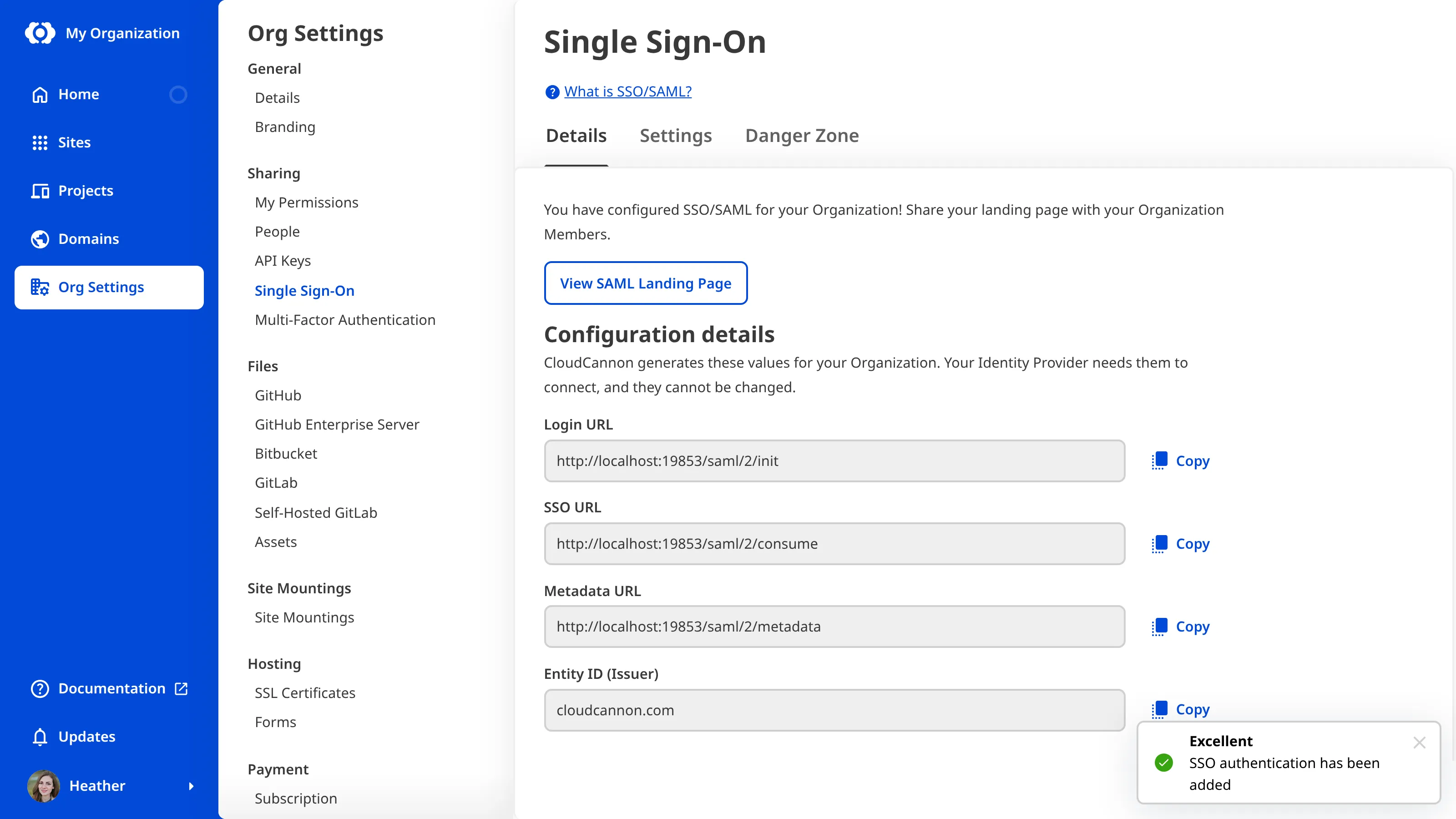 The Single Sign-On page A screenshot of the Details Tab on the Single Sign-On page shows the details of your SSO configuration.