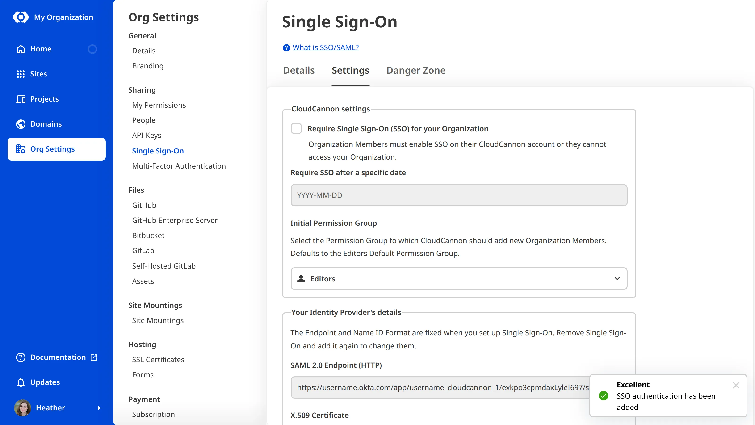 The Single Sign-On page A screenshot of the Settings Tab on the Single Sign-On page shows the Require Single Sign-On (SSO) for your Organization checkbox.