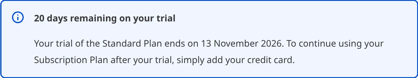 A screenshot of the Subscription page shows a banner with the number of days remaining on the trial and a prompt to add a credit card.