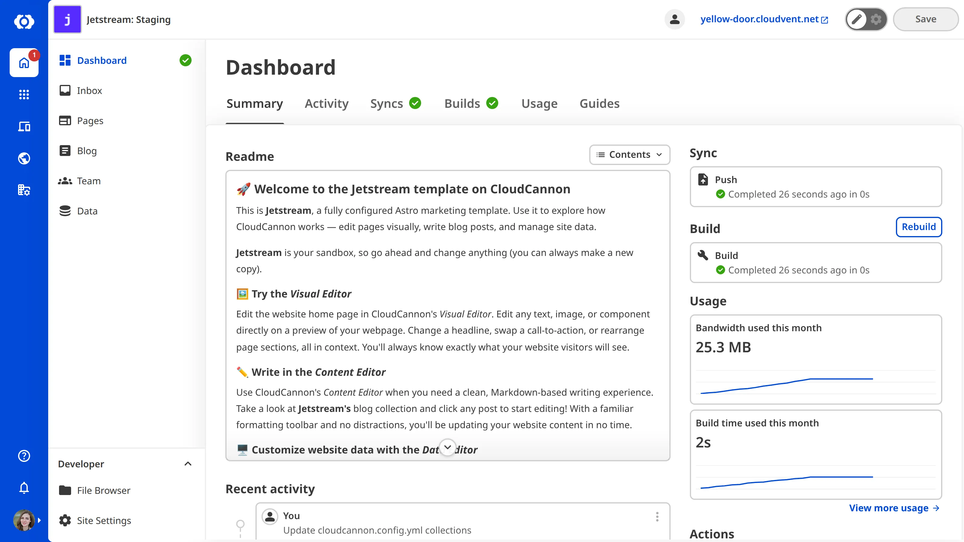 A screenshot of the Site Dashboard Summary tab shows the Site's readme, a list of recent activity, sync and build status, and bandwidth and build time usage for the month.