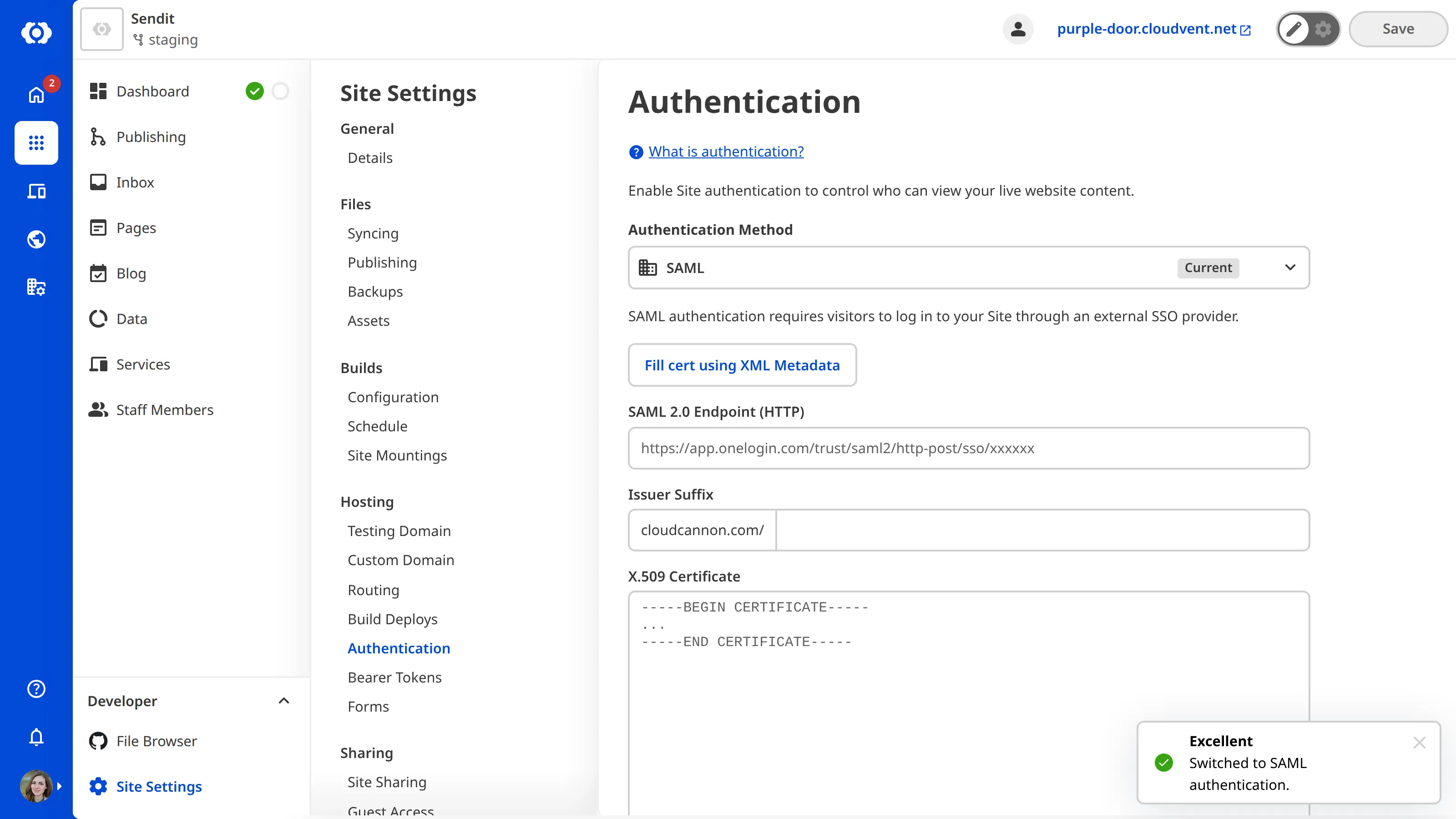 A screenshot of the Authentication page shows fields for SAML 2.0 Endpoint (HTTP), Issuer Suffix , and X.509 Certificate.