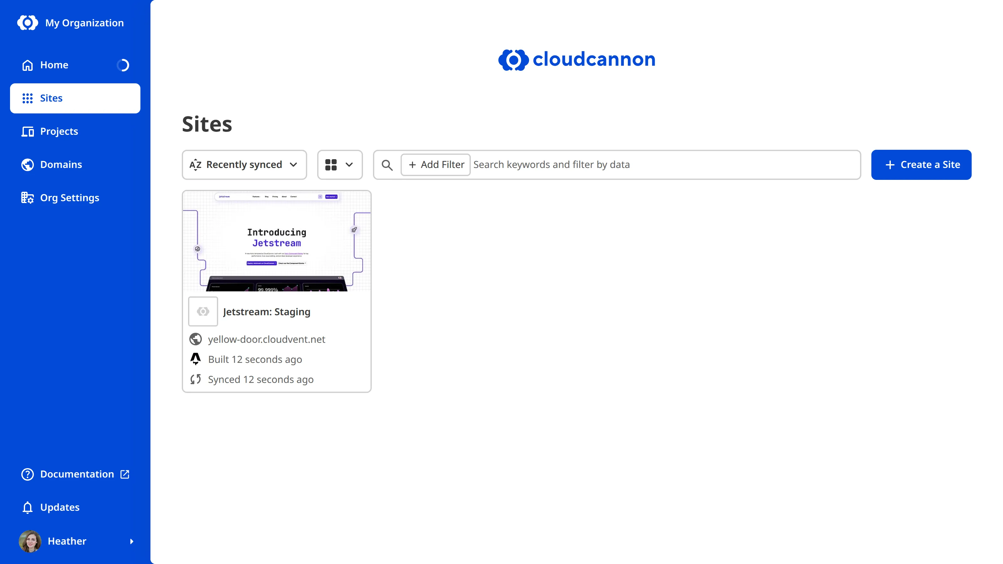 A screenshot of the Sites Browser shows a Site as a Card with its Testing Domain and build status, the Create a Site button above the list, and the Sites link in the App Sidebar.
