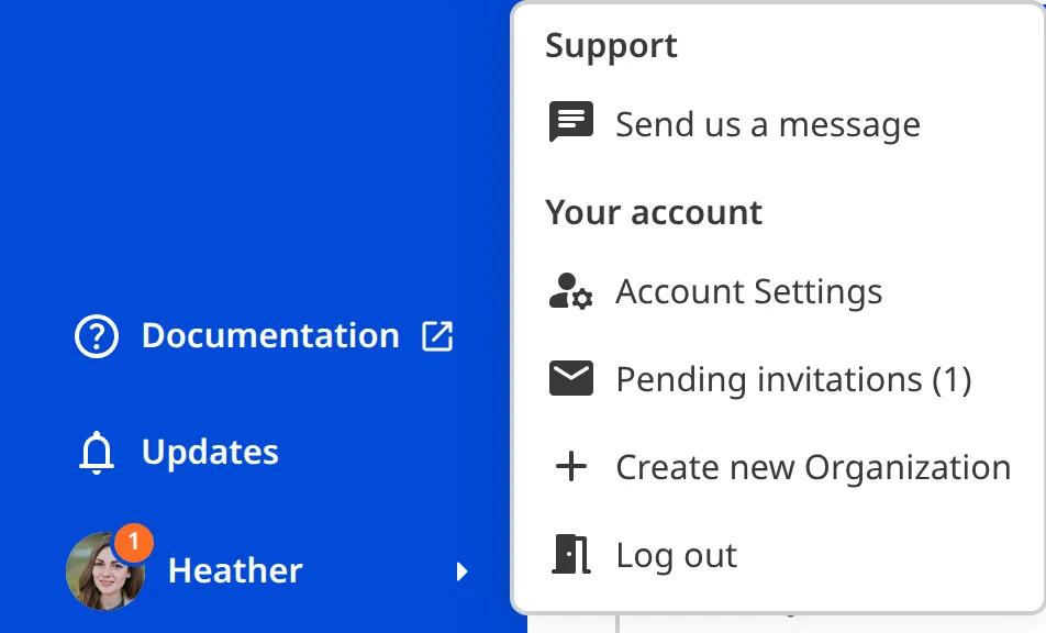 The Account Menu with a pending invitation A screenshot of the open Account Menu shows the Pending invitations option under the Your account heading.