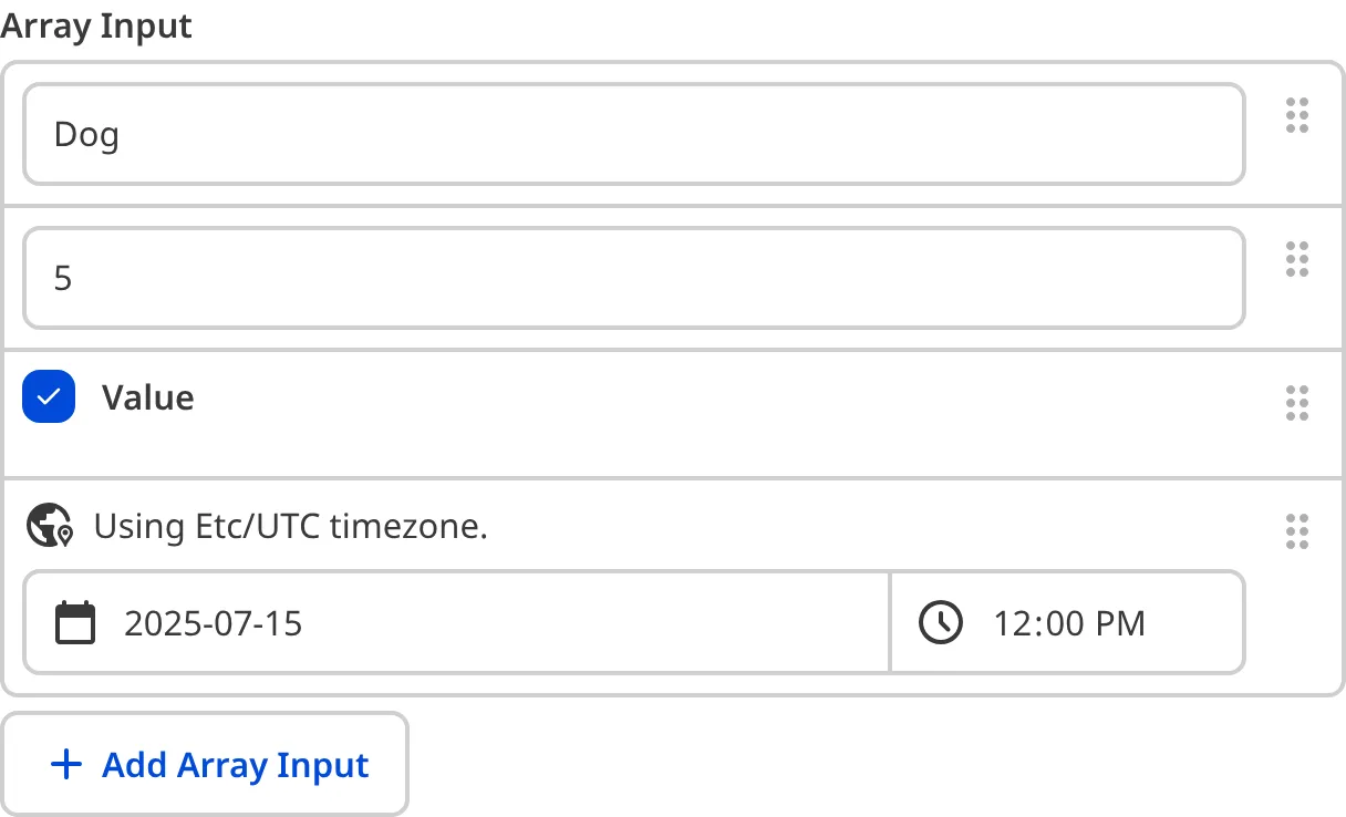 A screenshot of the Array Input in the Data Editor shows a several inline cards in a list.