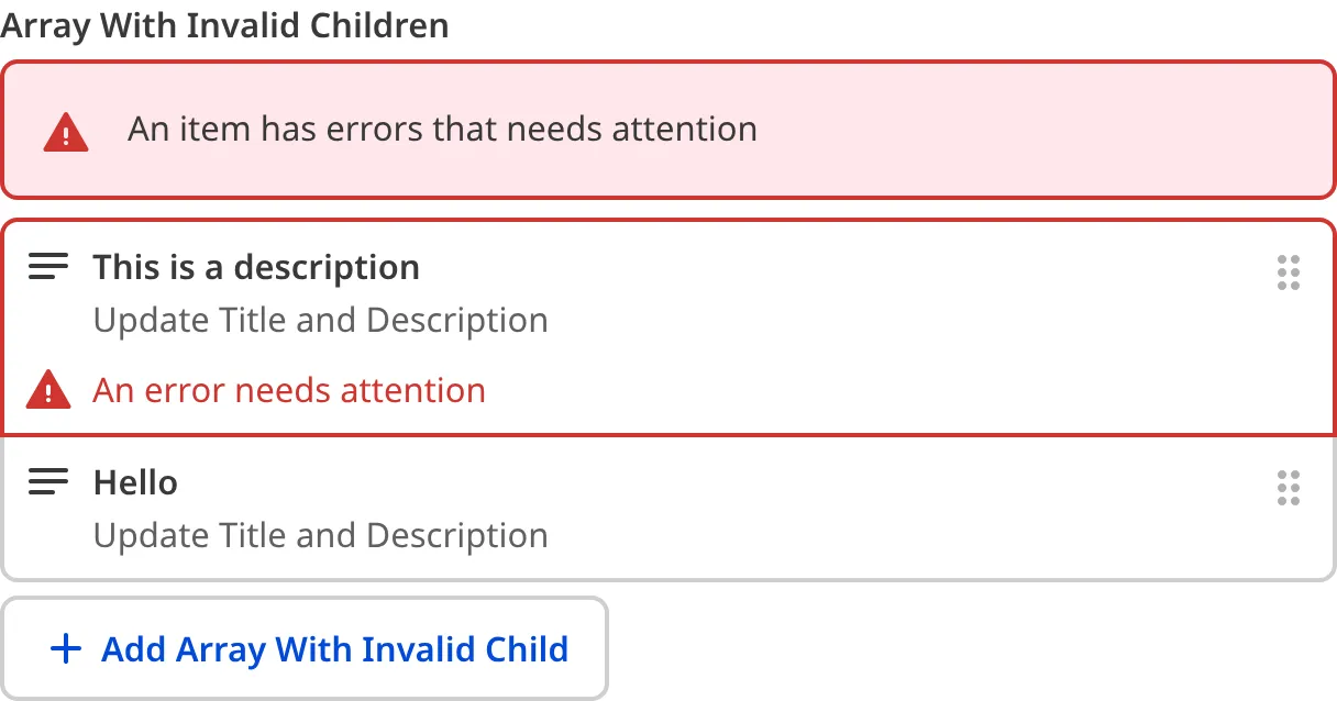A screenshot of the Array input in the Data Editor shows that one or more nested inputs have a validation error.