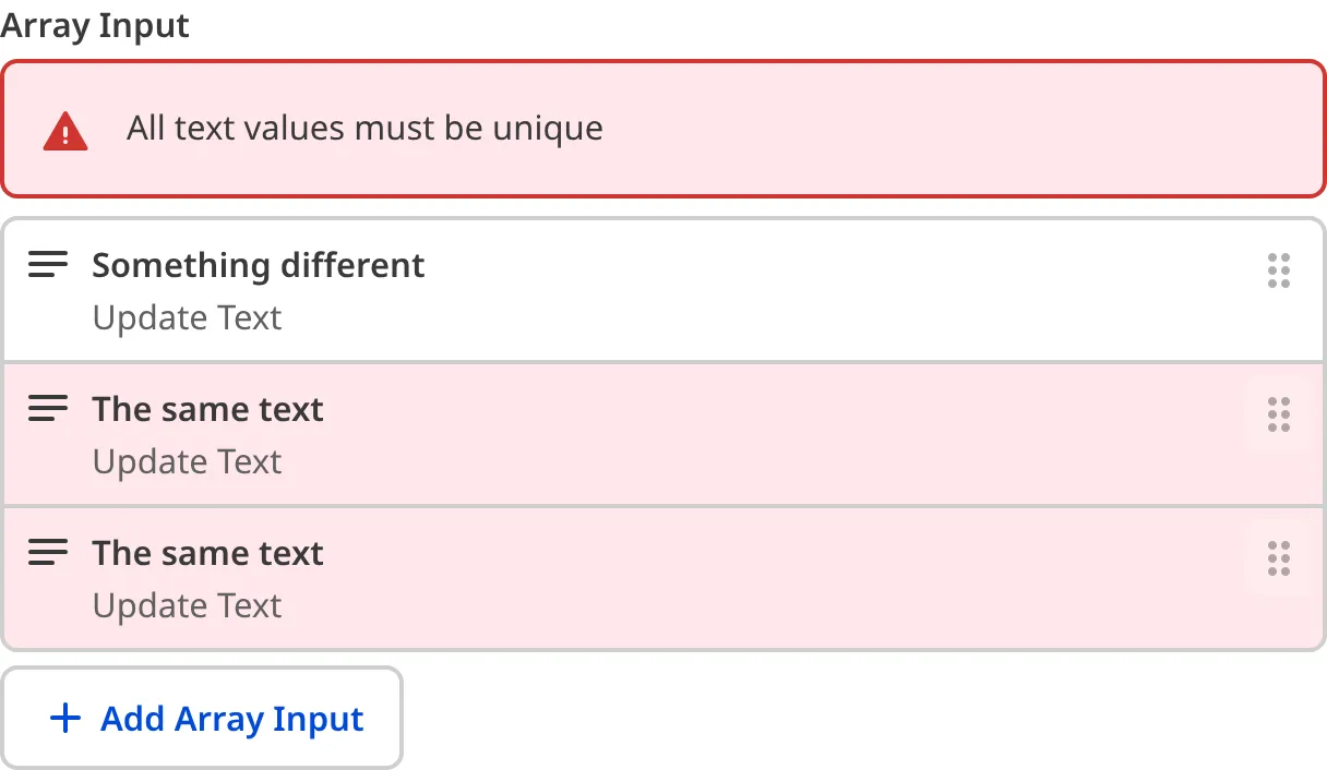 A screenshot of the Array Input in the Data Editor shows an error message as there are non-unique values.