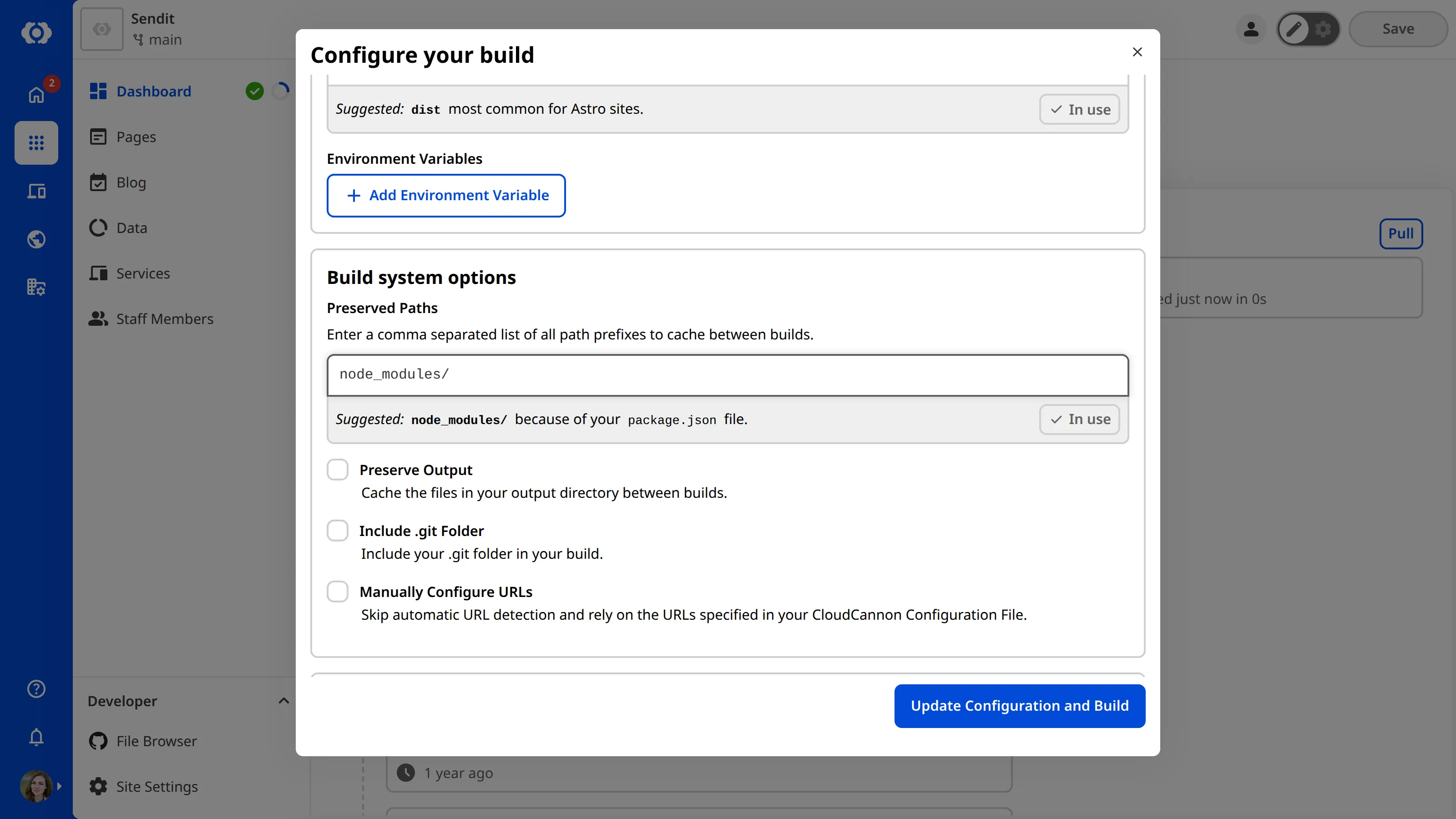 A screenshot of the Configure your build modal shows the build system options, including Preserved Paths.