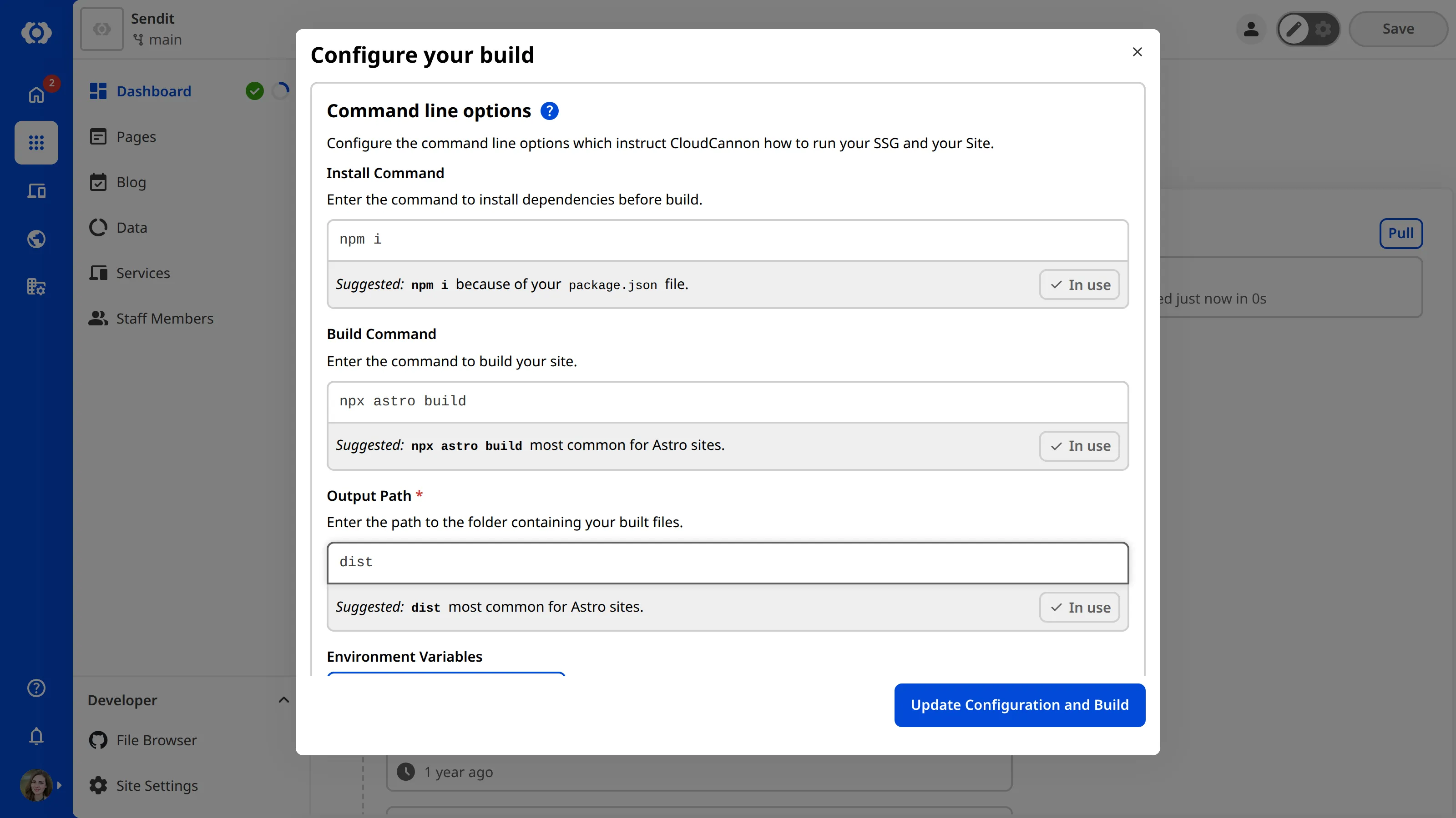 A screenshot of the Configure your build modal shows the command line options.