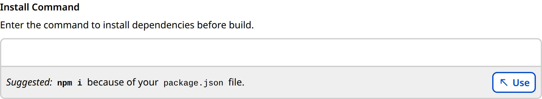 A screenshot of the Install Command text field and CloudCannon's suggested value in a light blue box.