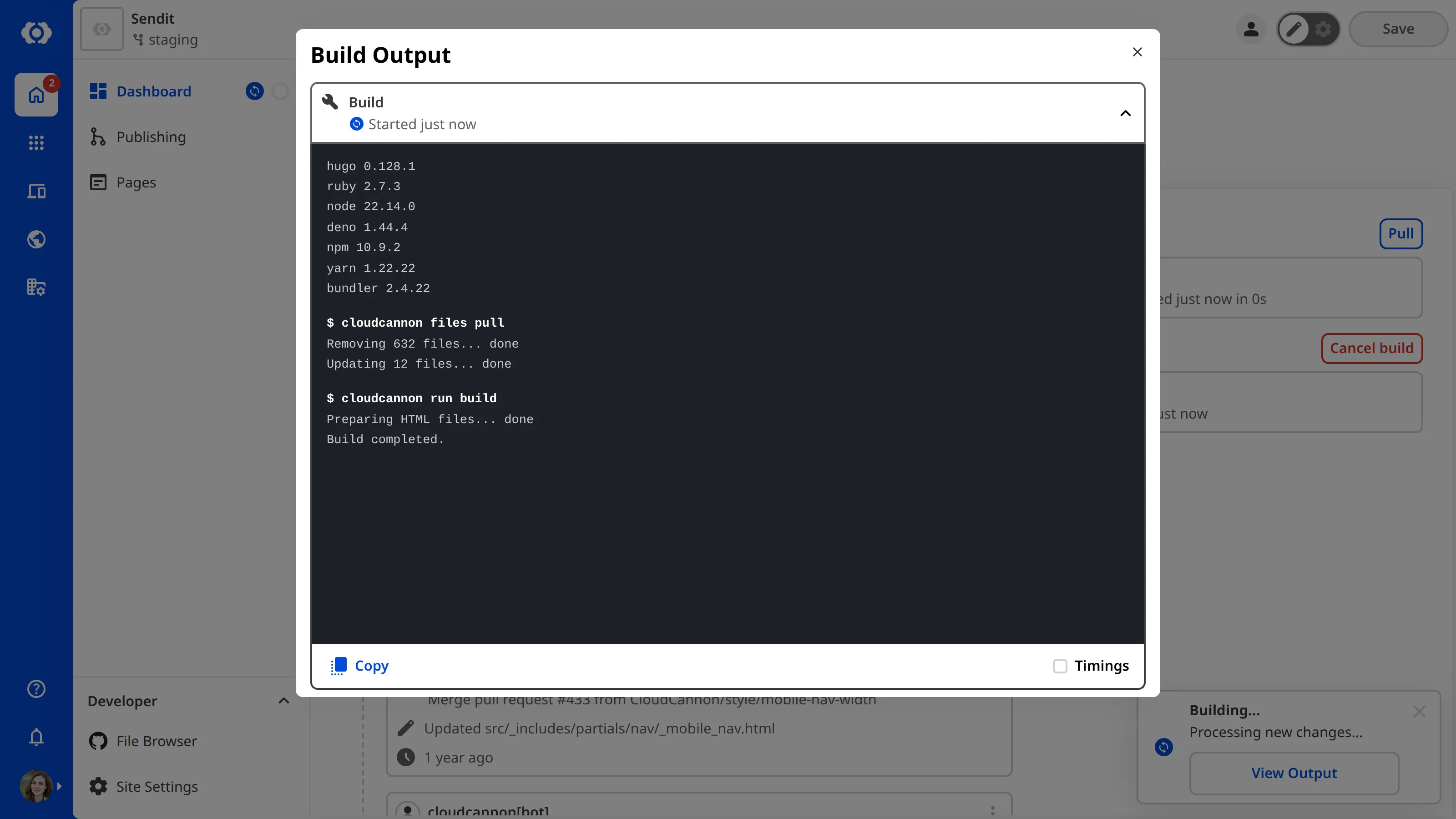A screenshot of the Content Editor with the Build Terminal modal open shows the progress of the current Site build.