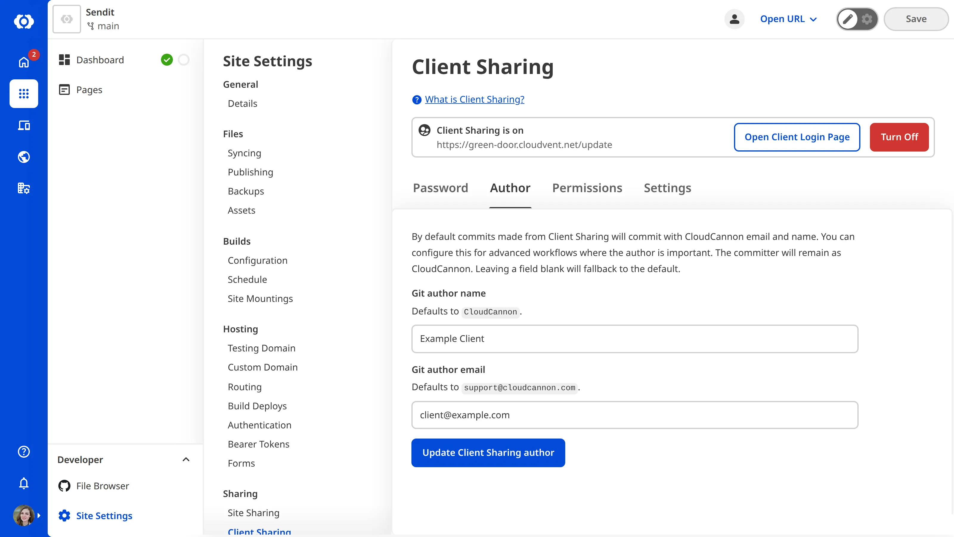 A screenshot of the Author tab on the Client Sharing page shows two fields for the name and email address applied to commits made by Clients.