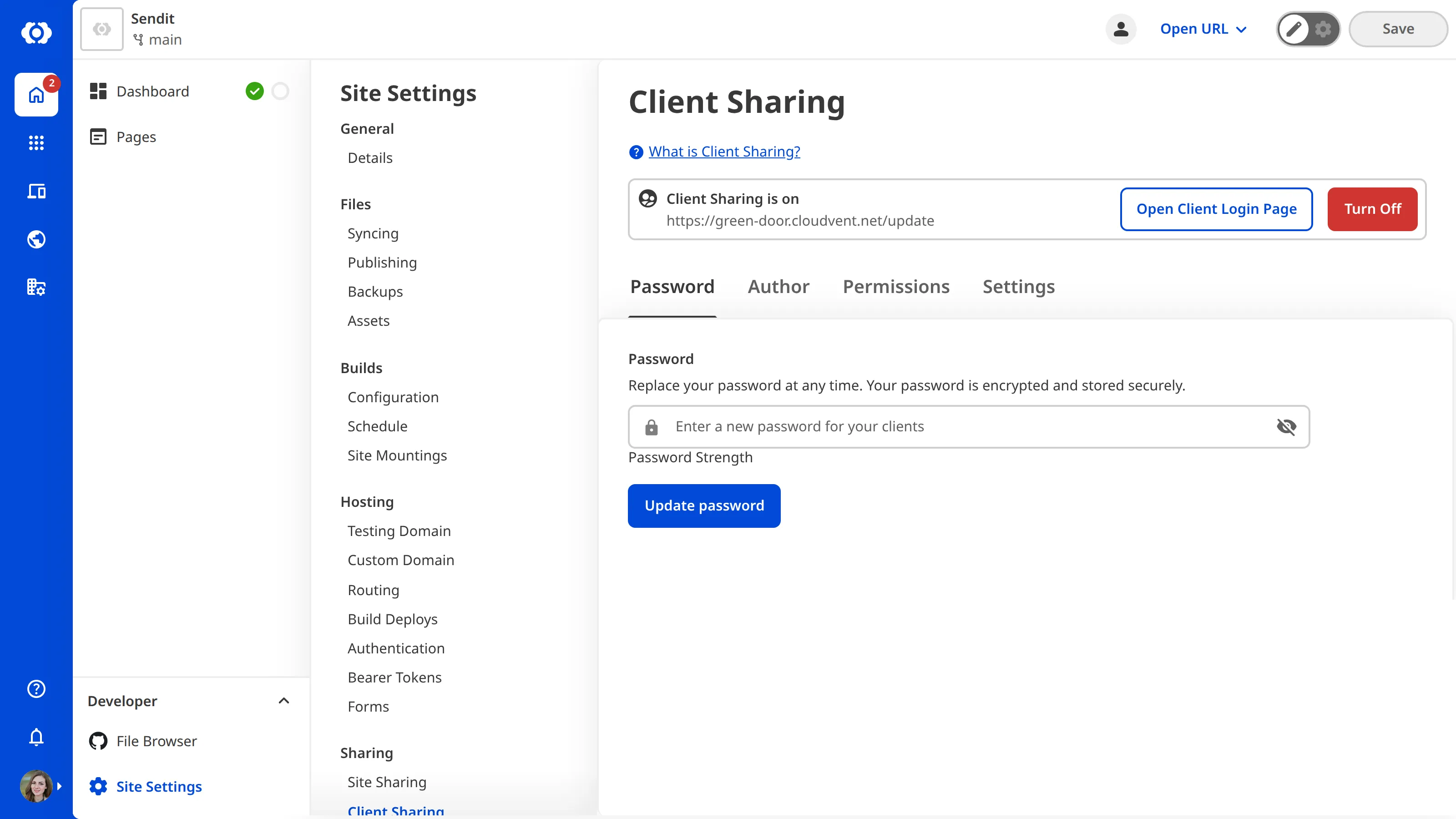 A screenshot of the Client Sharing page showing options to reset the password and disable Client Sharing.