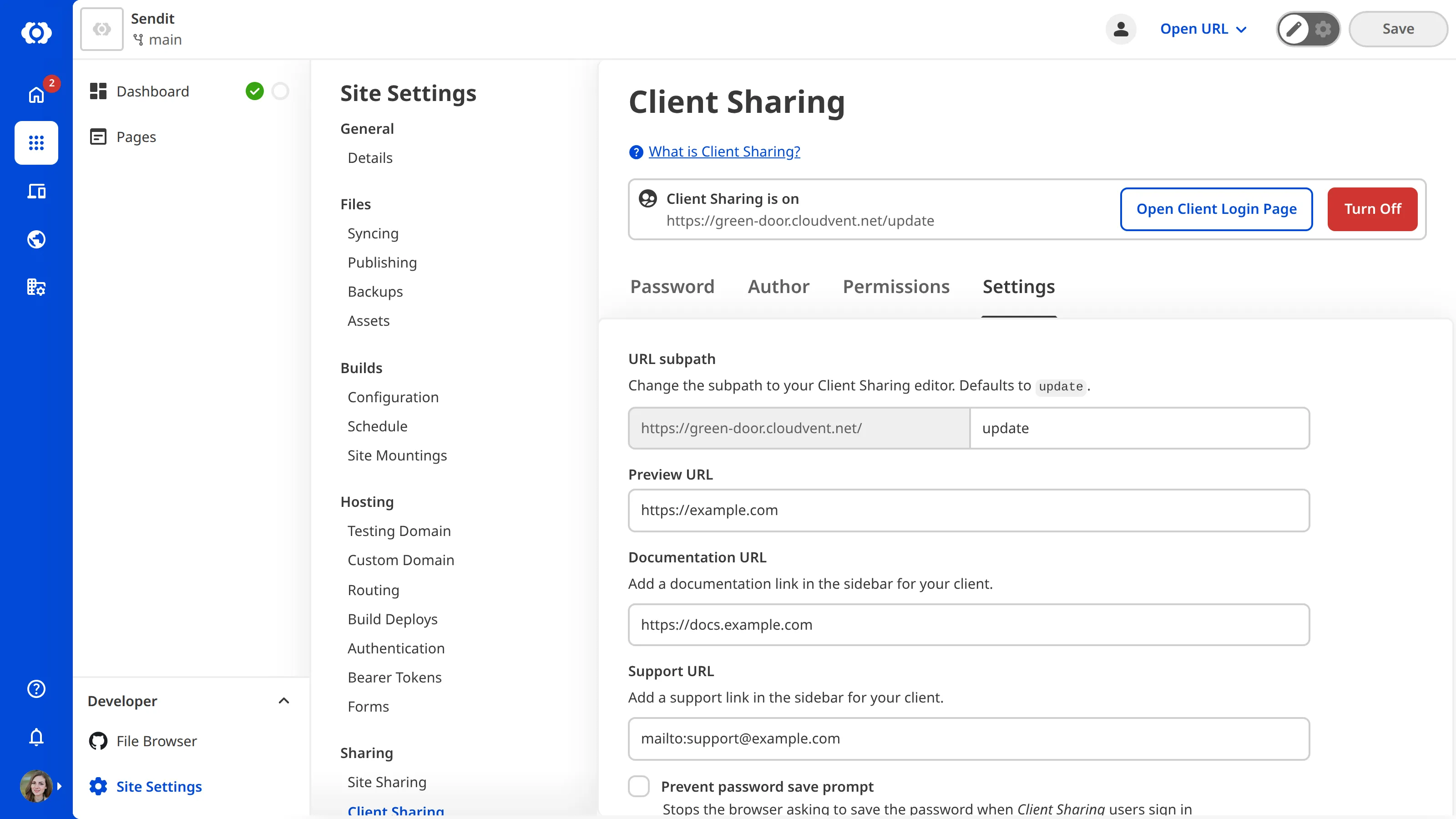 A screenshot of the Settings tab on the Client Sharing pages shows a field to update the URL subpath of your Client Login page and a checkbox to prevent browsers asking to save Client passwords.