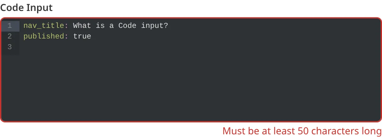 A screenshot of the Code Input in the Data Editor shows an error message as the value is too few characters.