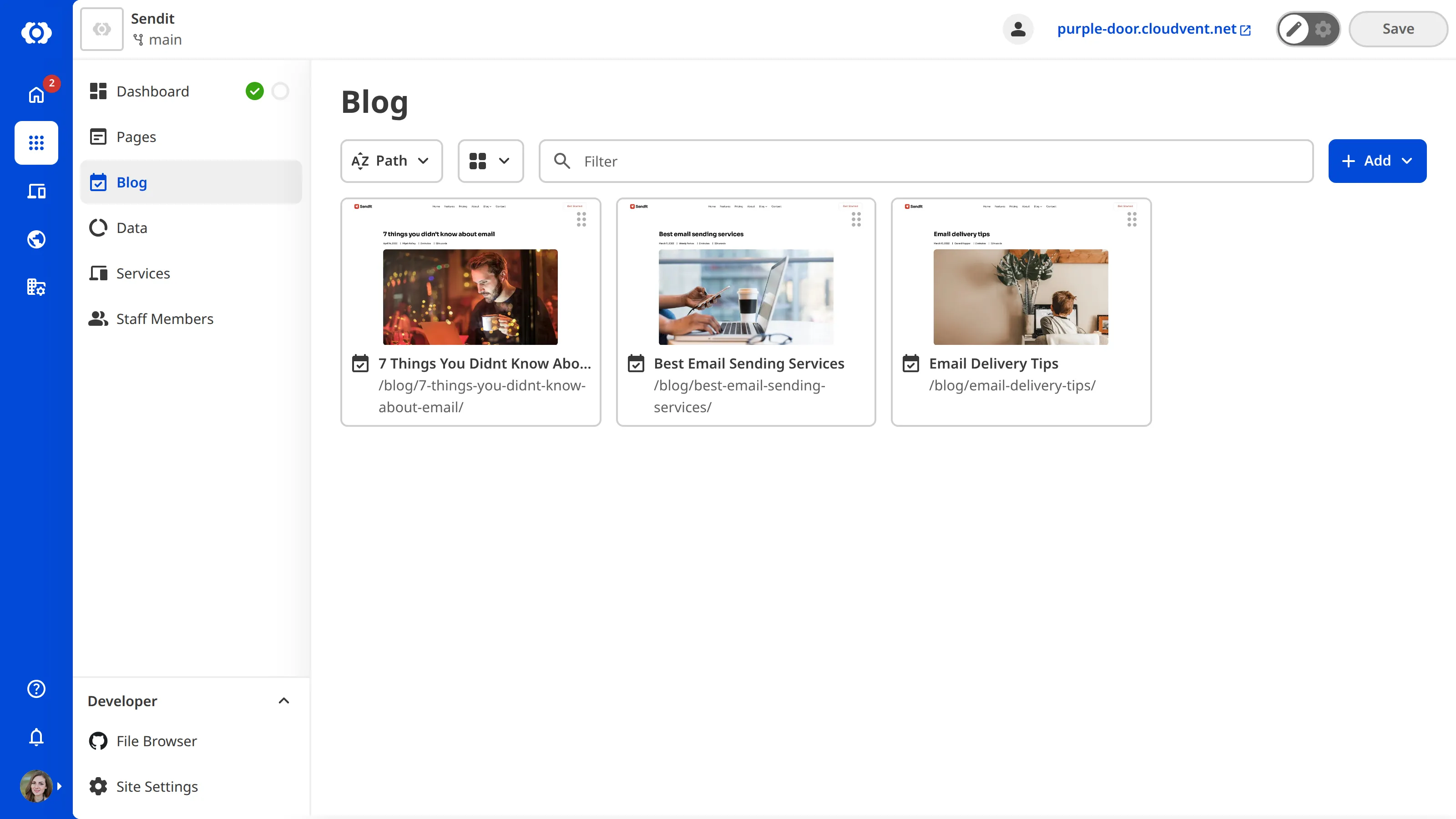 A screenshot of the Collection browser shows previews of several blog files, sort and view dropdowns, the collection filter, and the + Add button.