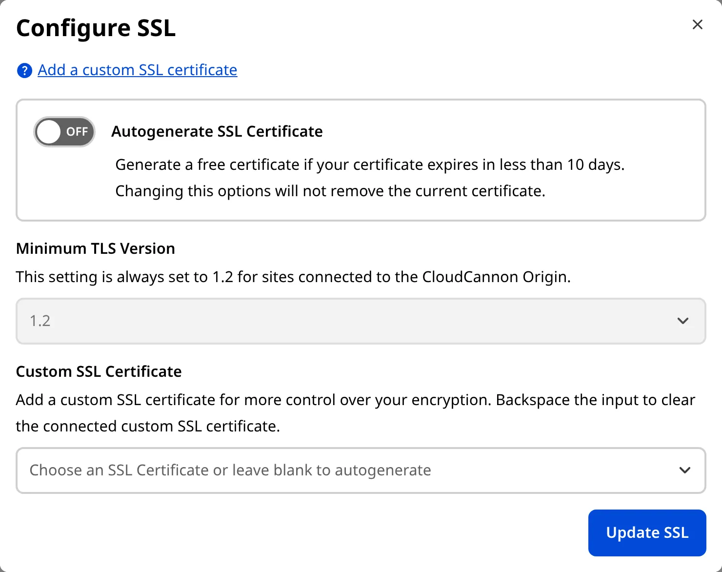 A screenshot of the SSL settings modal shows fields for Minimum TLS Version, Validation Method, and a wildcard certificate checkbox.