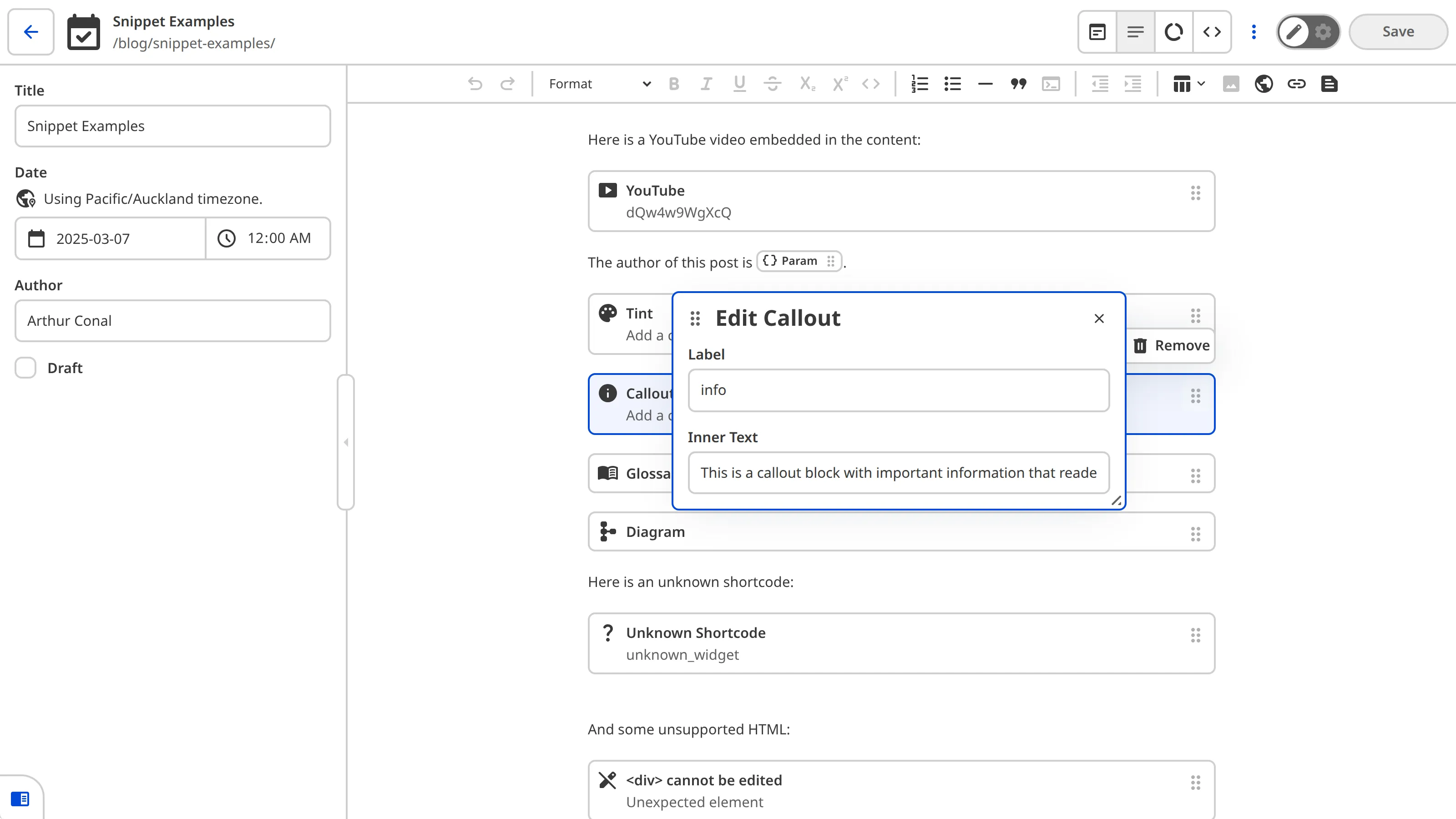 The Content Editor showing a Callout Snippet block selected with the data editor panel open, displaying Label and Inner Text inputs.