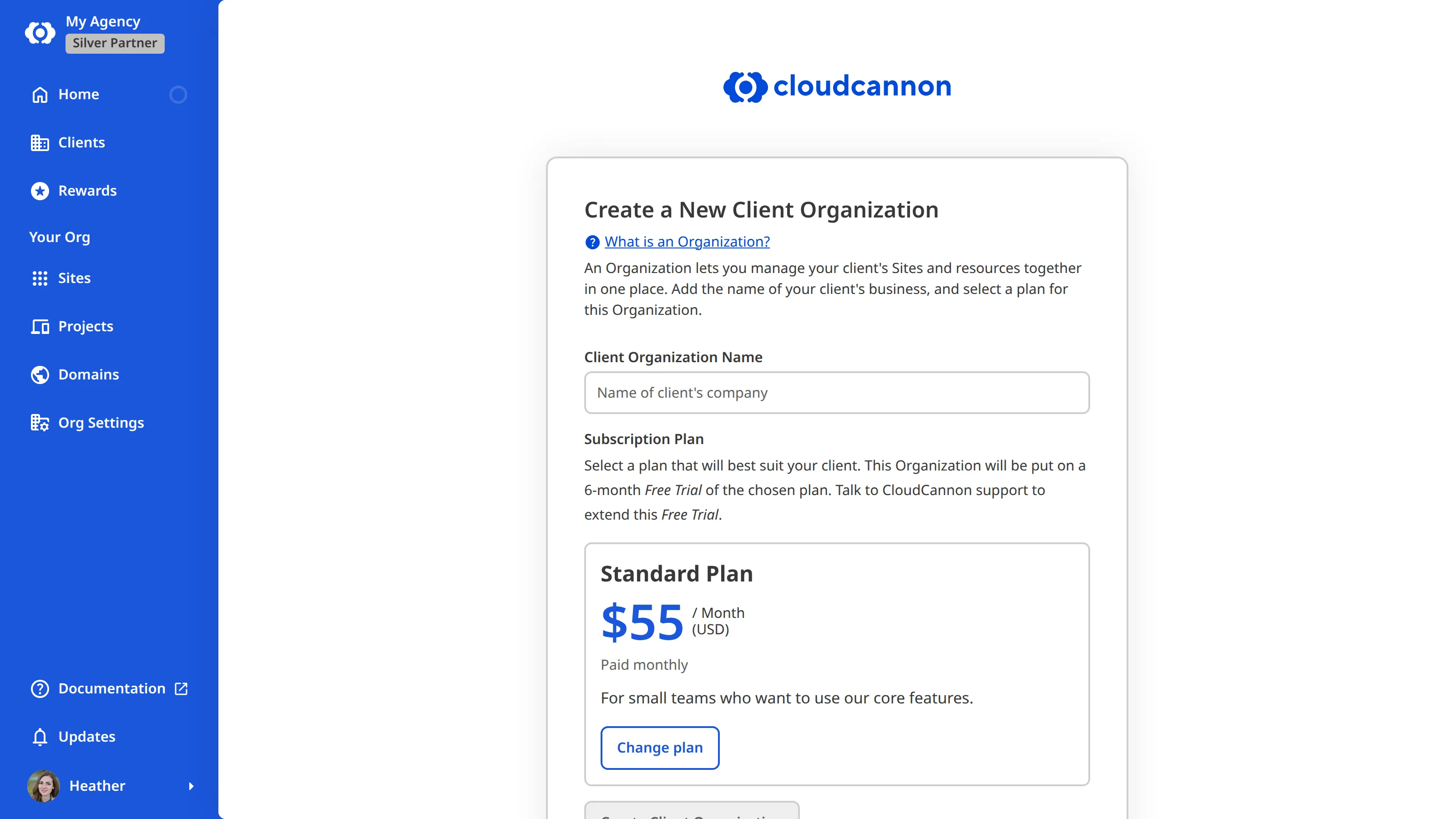 A screenshot of the Create a new Client Organization page shows a filed for Org name, Unified Configuration, and pricing plan.