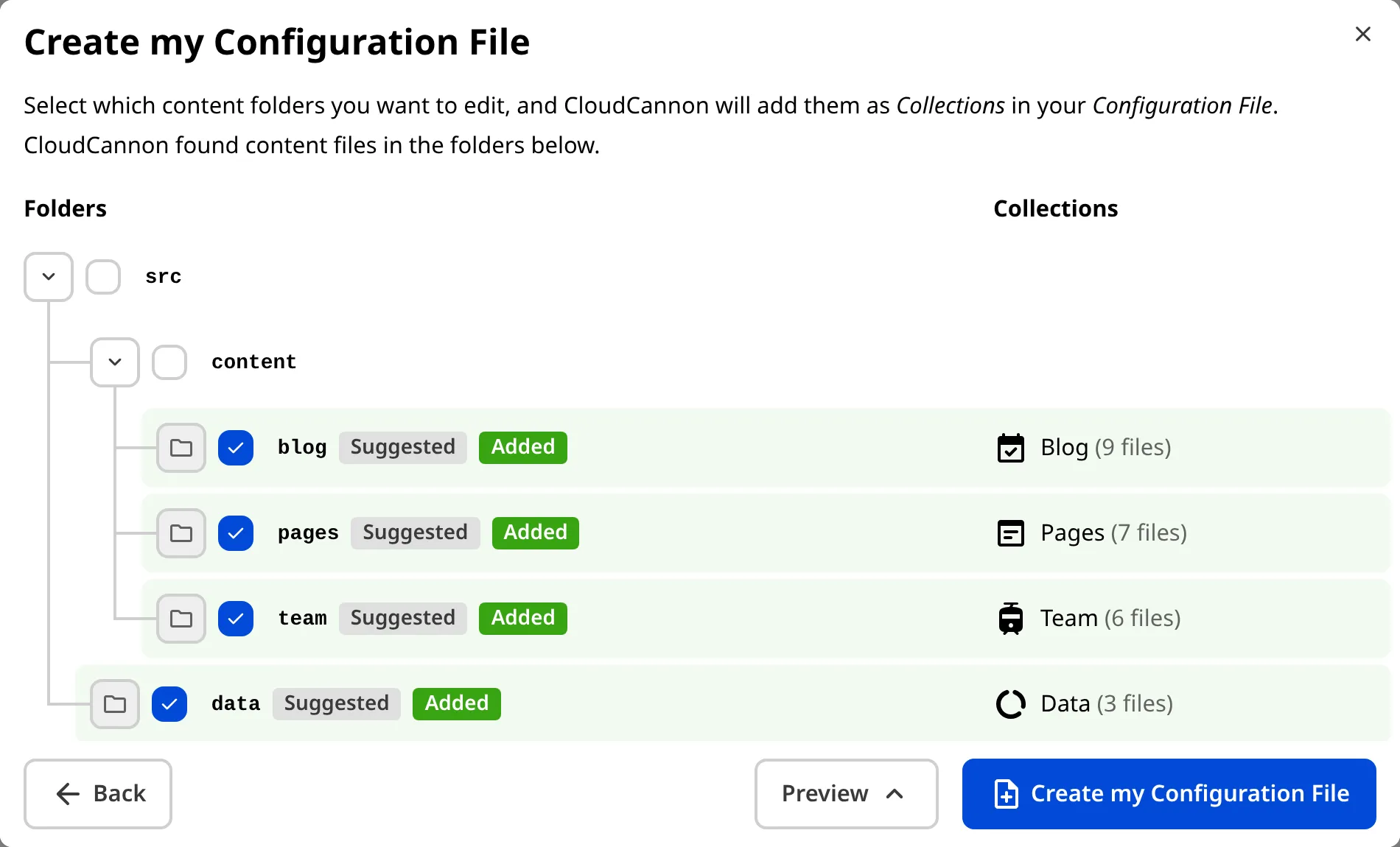 A screenshot of the Create my Configuration File modal shows a tree structure of potential Collections detected in your files.