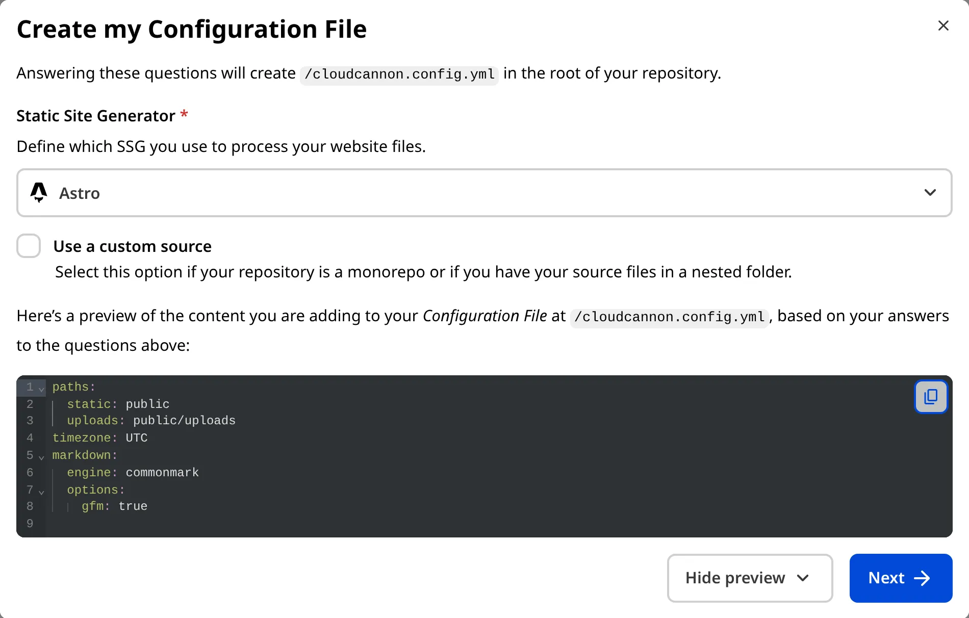 A screenshot of the Create my Configuration File modal shows the initial content CloudCannon will add to your Configuration File.