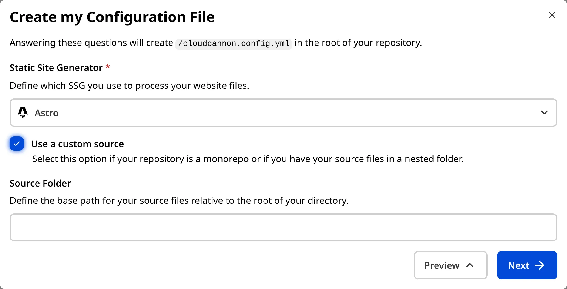 A screenshot of the Create my Configuration File modal shows a checkbox for Use a custom source and a text field for Source Folder.