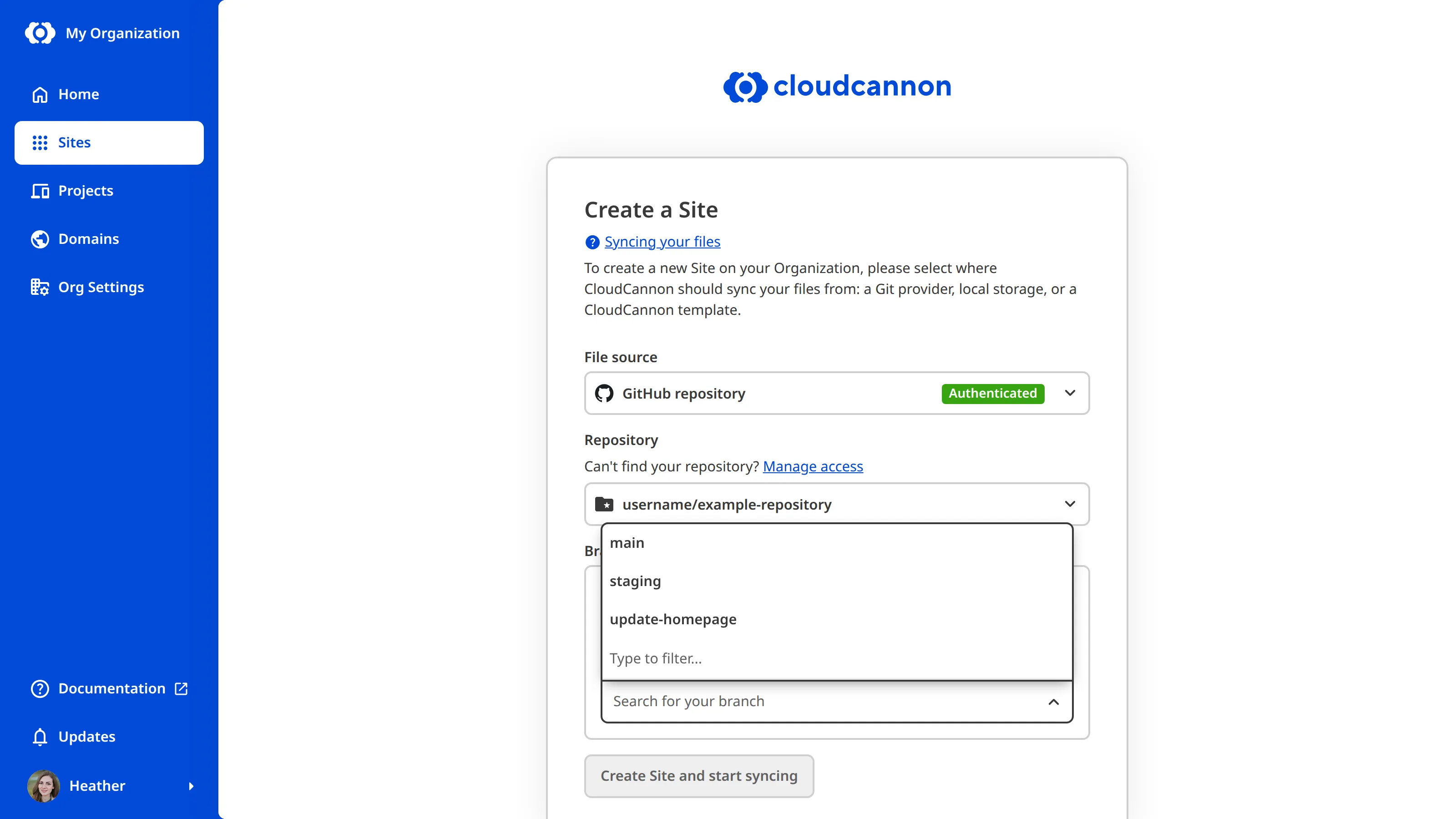 The Create a Site page A screenshot of the Create a Site page shows the Use an existing branch radio button and the Branch dropdown.