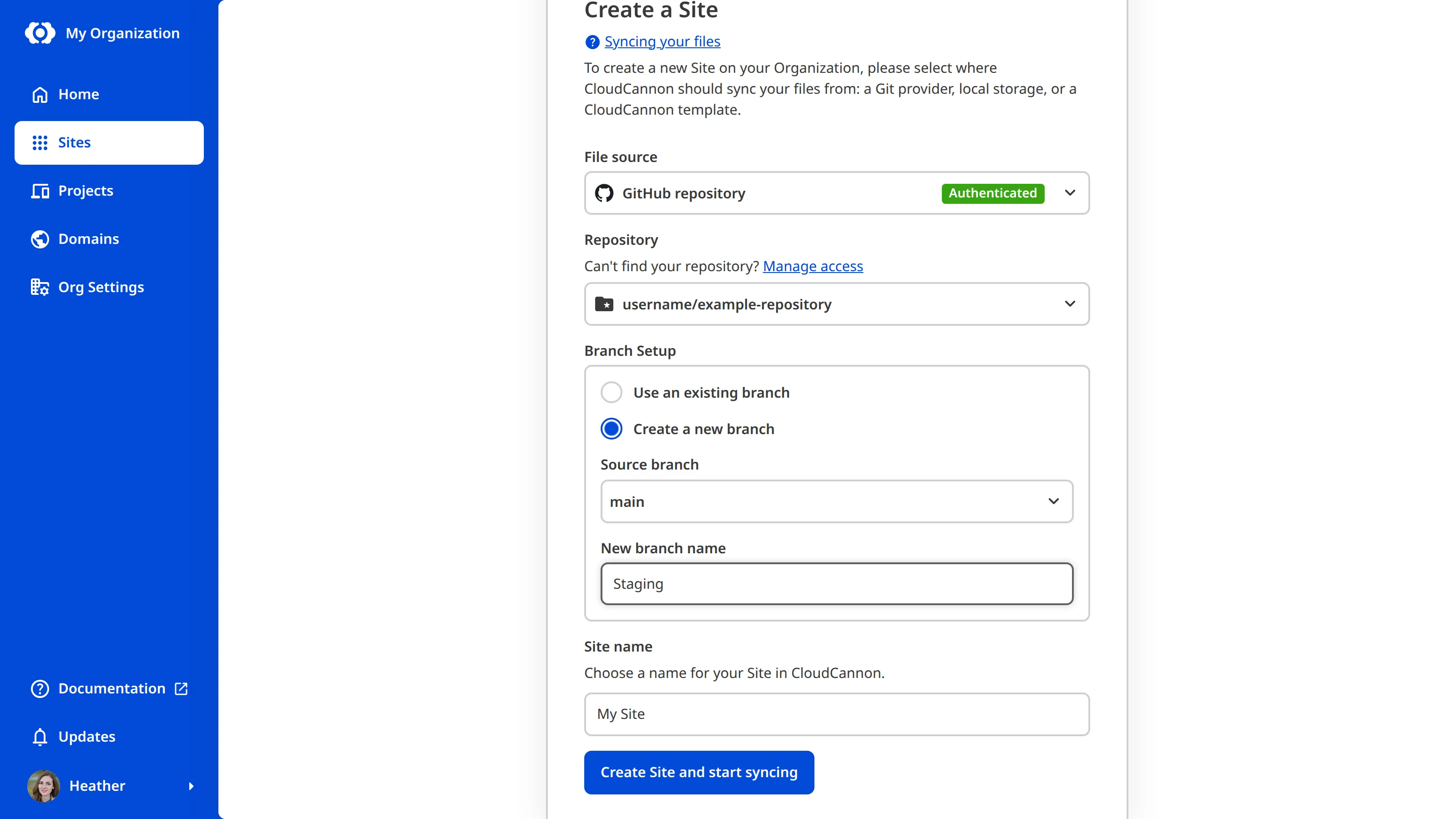 The Create a Site page with the Create a new branch option selected, branching from main.