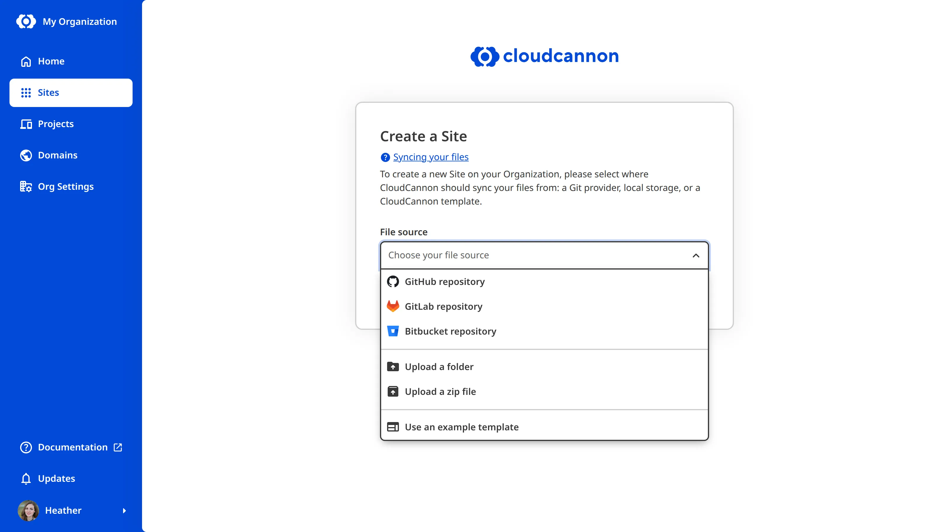 The Create a Site page with a new branch A screenshot of the Create a Site page shows a dropdown to select your File Source from a Git repository, local storage, or a template.